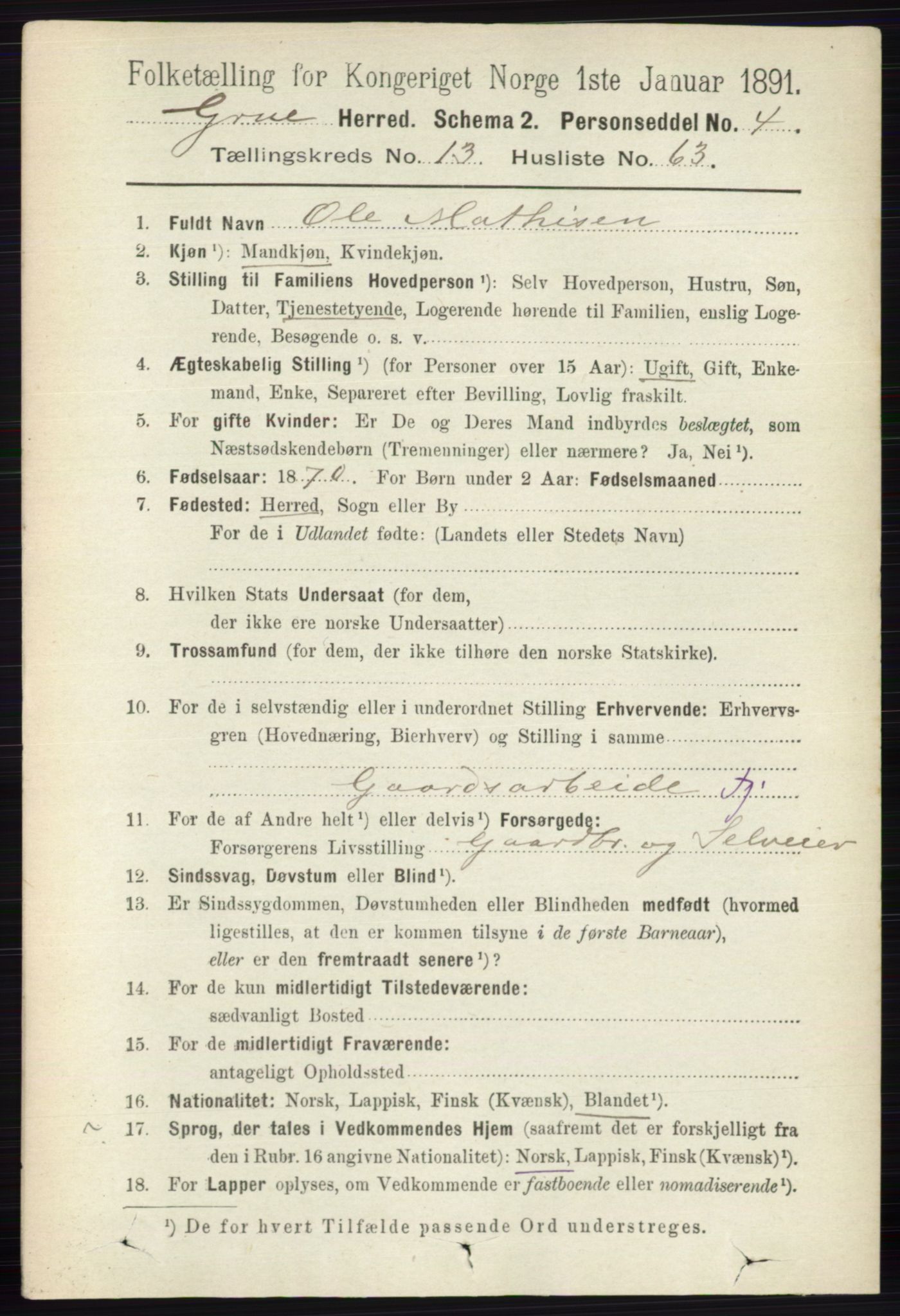 RA, 1891 census for 0423 Grue, 1891, p. 6979