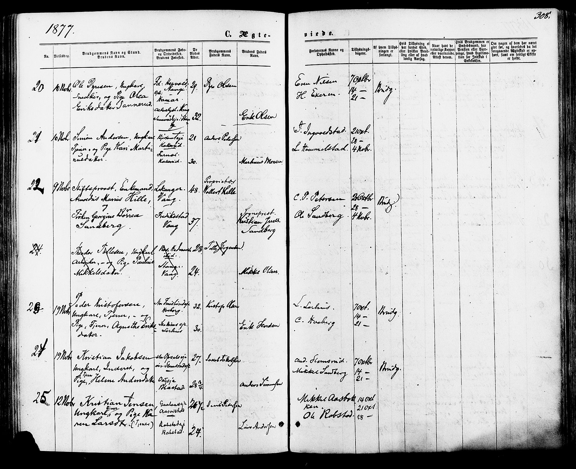 Vang prestekontor, Hedmark, AV/SAH-PREST-008/H/Ha/Haa/L0015: Parish register (official) no. 15, 1871-1885, p. 308