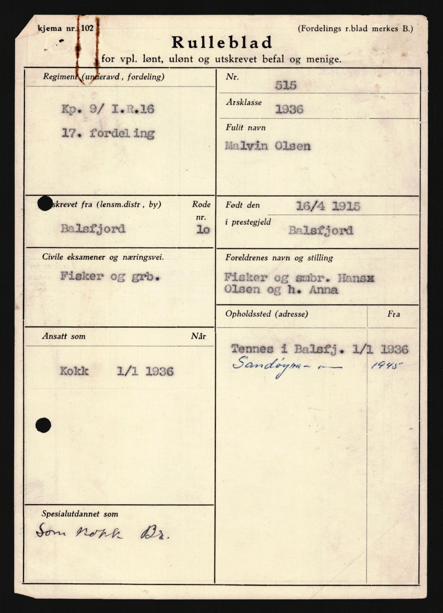 Forsvaret, Troms infanteriregiment nr. 16, AV/RA-RAFA-3146/P/Pa/L0020: Rulleblad for regimentets menige mannskaper, årsklasse 1936, 1936, p. 1041