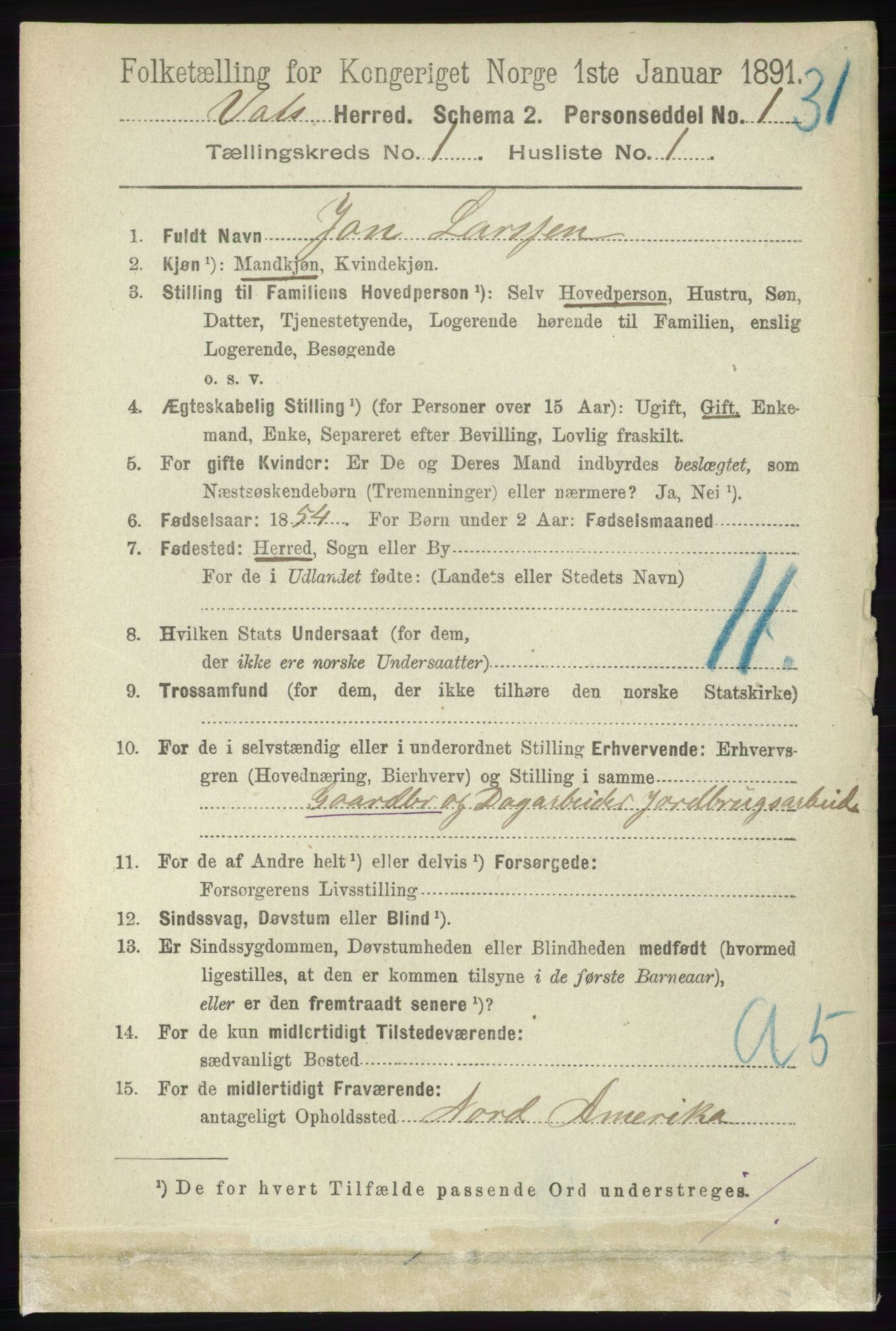 RA, 1891 census for 1155 Vats, 1891, p. 45