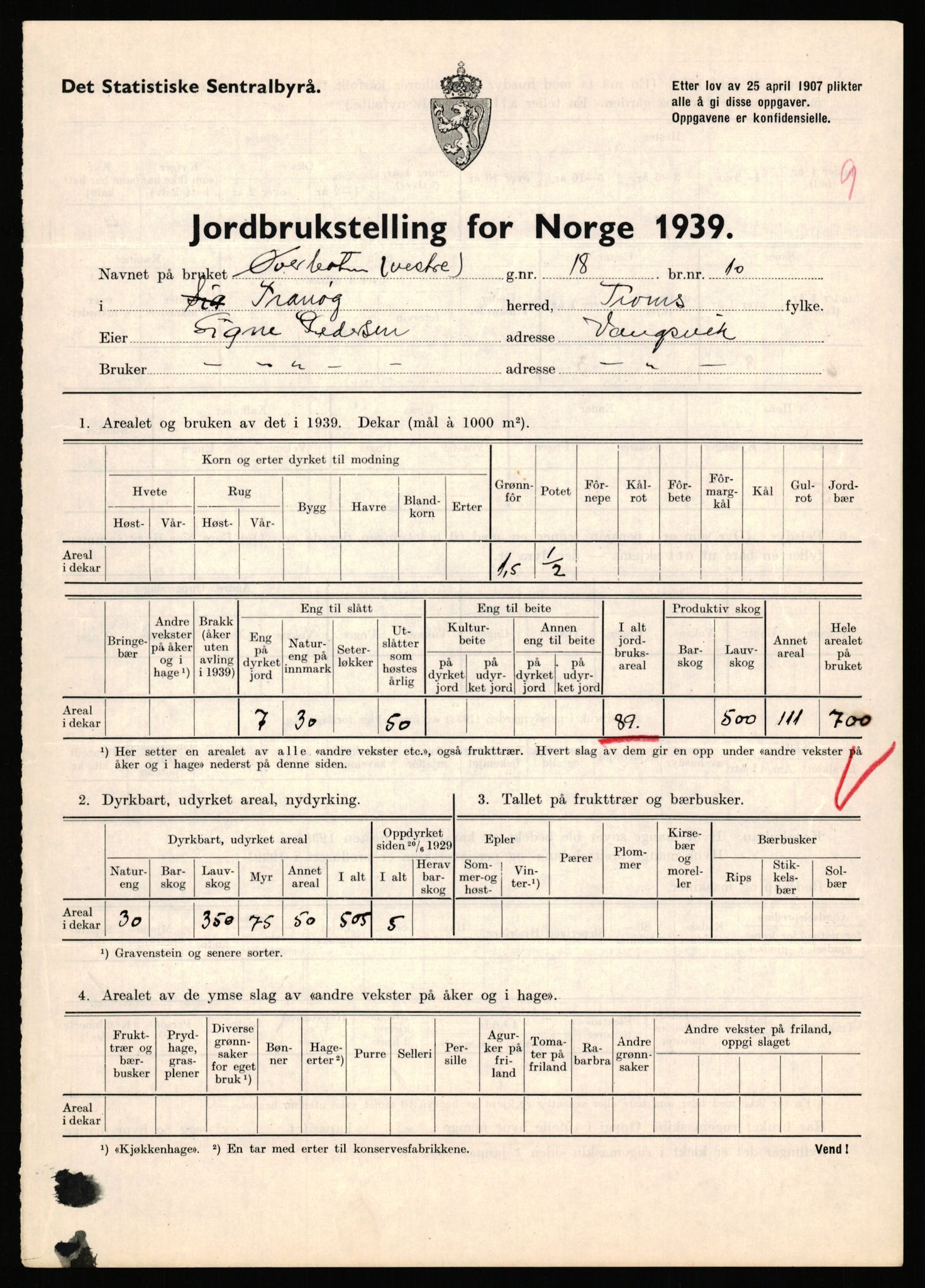 Statistisk sentralbyrå, Næringsøkonomiske emner, Jordbruk, skogbruk, jakt, fiske og fangst, AV/RA-S-2234/G/Gb/L0341: Troms: Sørreisa og Tranøy, 1939, p. 1637