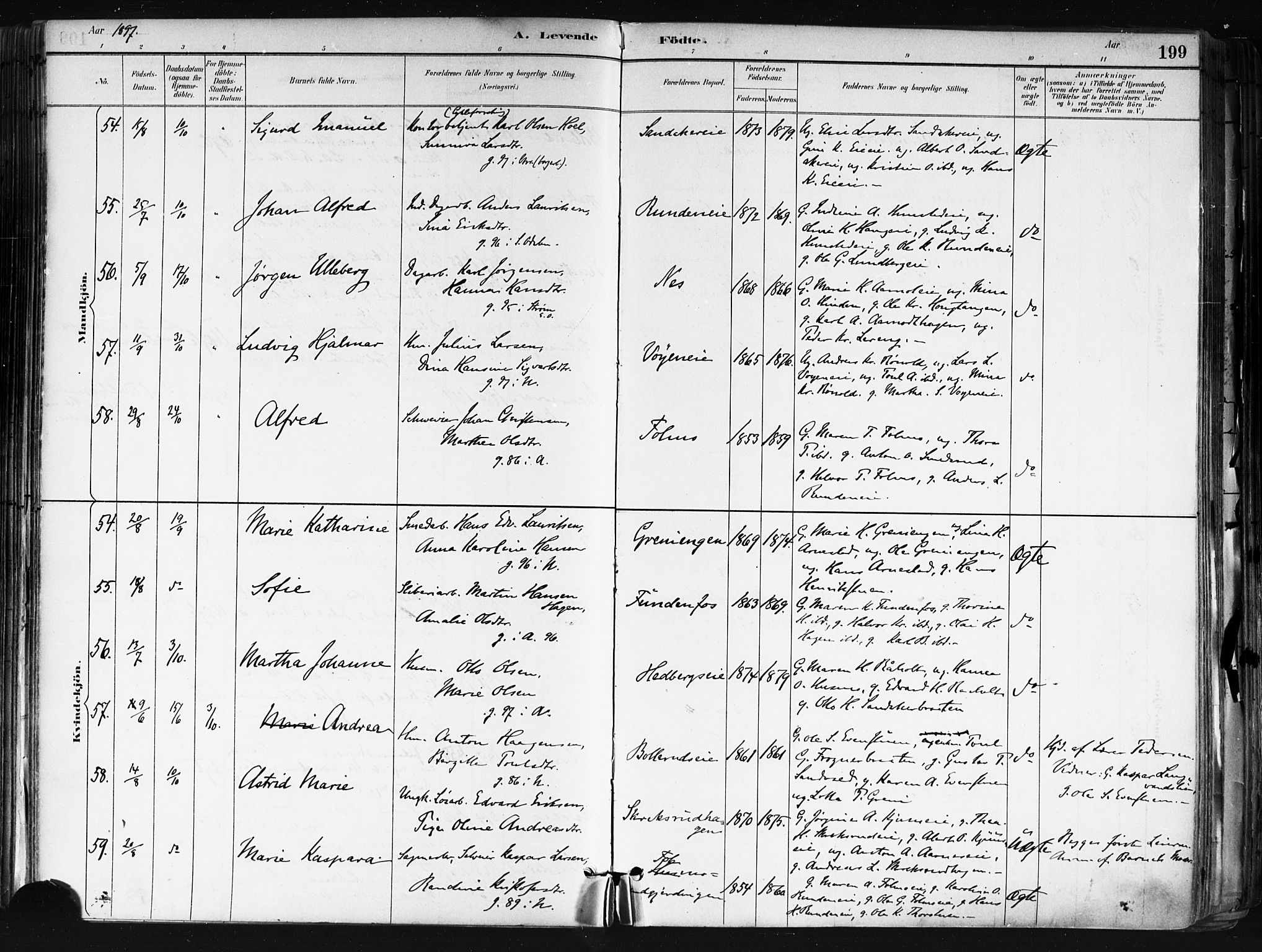 Nes prestekontor Kirkebøker, AV/SAO-A-10410/F/Fa/L0010: Parish register (official) no. I 10, 1883-1898, p. 199