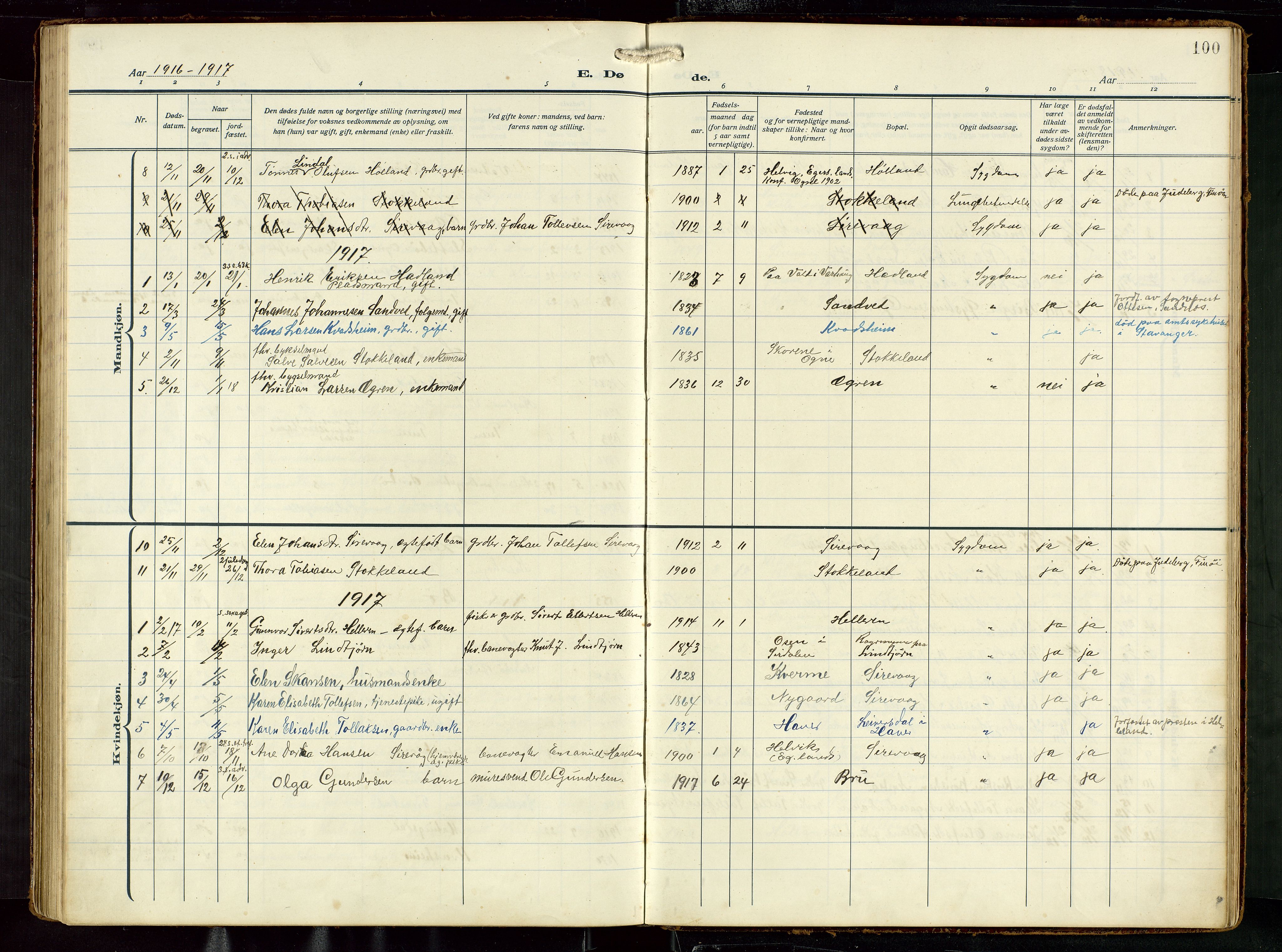 Eigersund sokneprestkontor, AV/SAST-A-101807/001/30/30BB/L0022: Parish register (copy) no. B 22, 1915-1947, p. 100