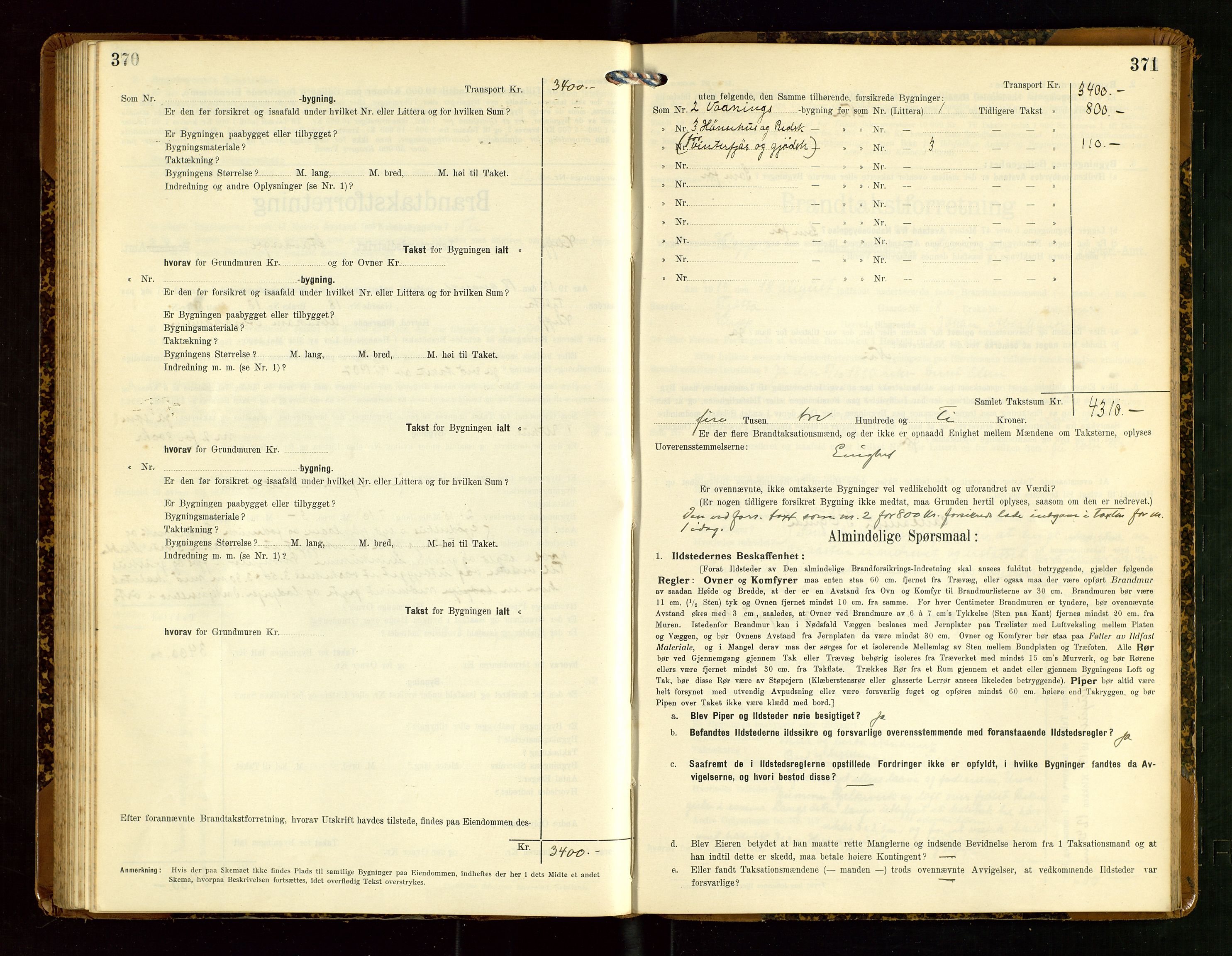 Klepp lensmannskontor, AV/SAST-A-100163/Goc/L0007: "Brandtaxationsprotokol" m/register, 1911-1915, p. 370-371