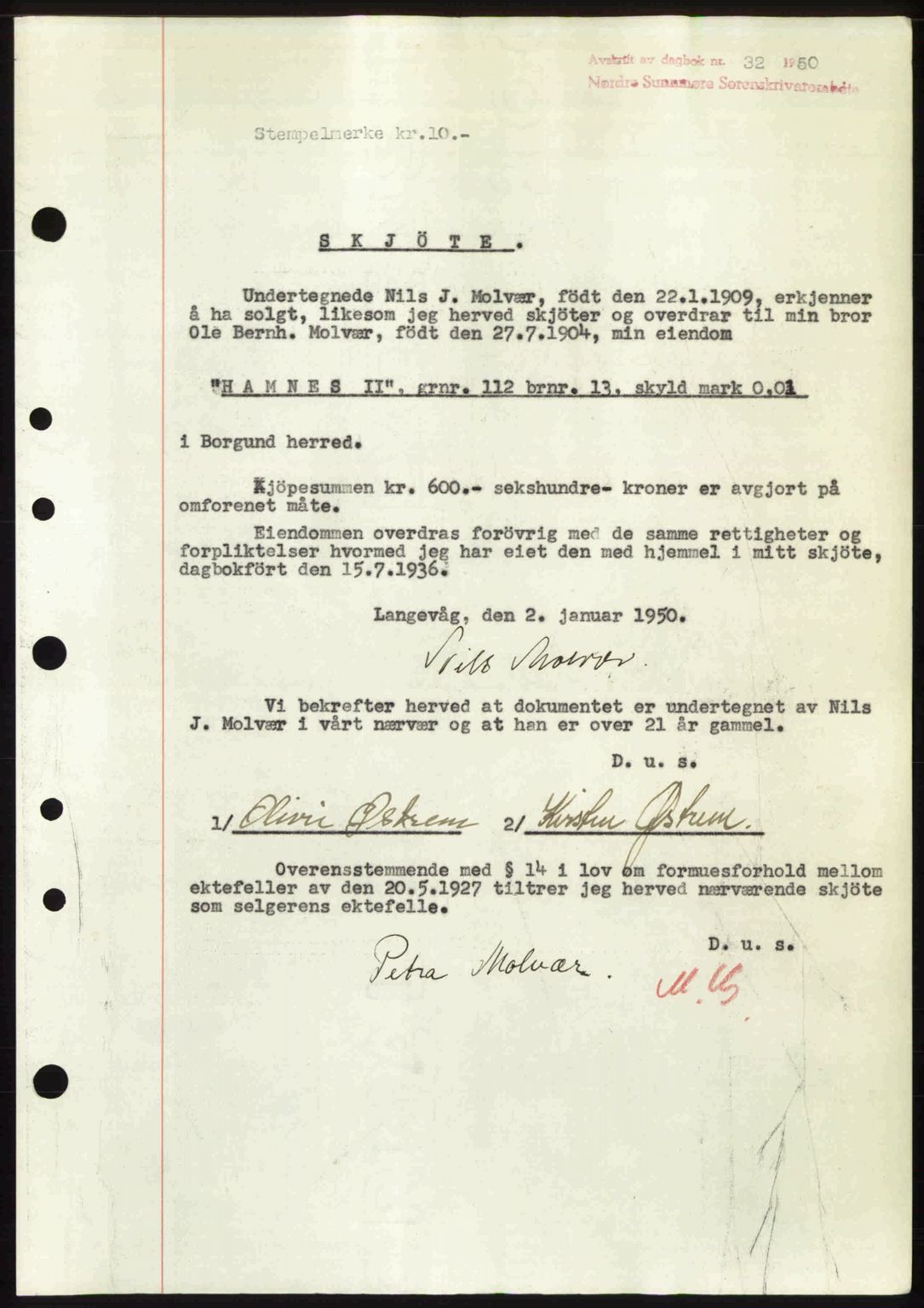 Nordre Sunnmøre sorenskriveri, AV/SAT-A-0006/1/2/2C/2Ca: Mortgage book no. A33, 1949-1950, Diary no: : 32/1950