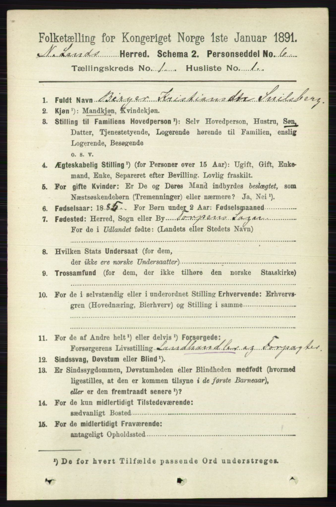 RA, 1891 census for 0538 Nordre Land, 1891, p. 125