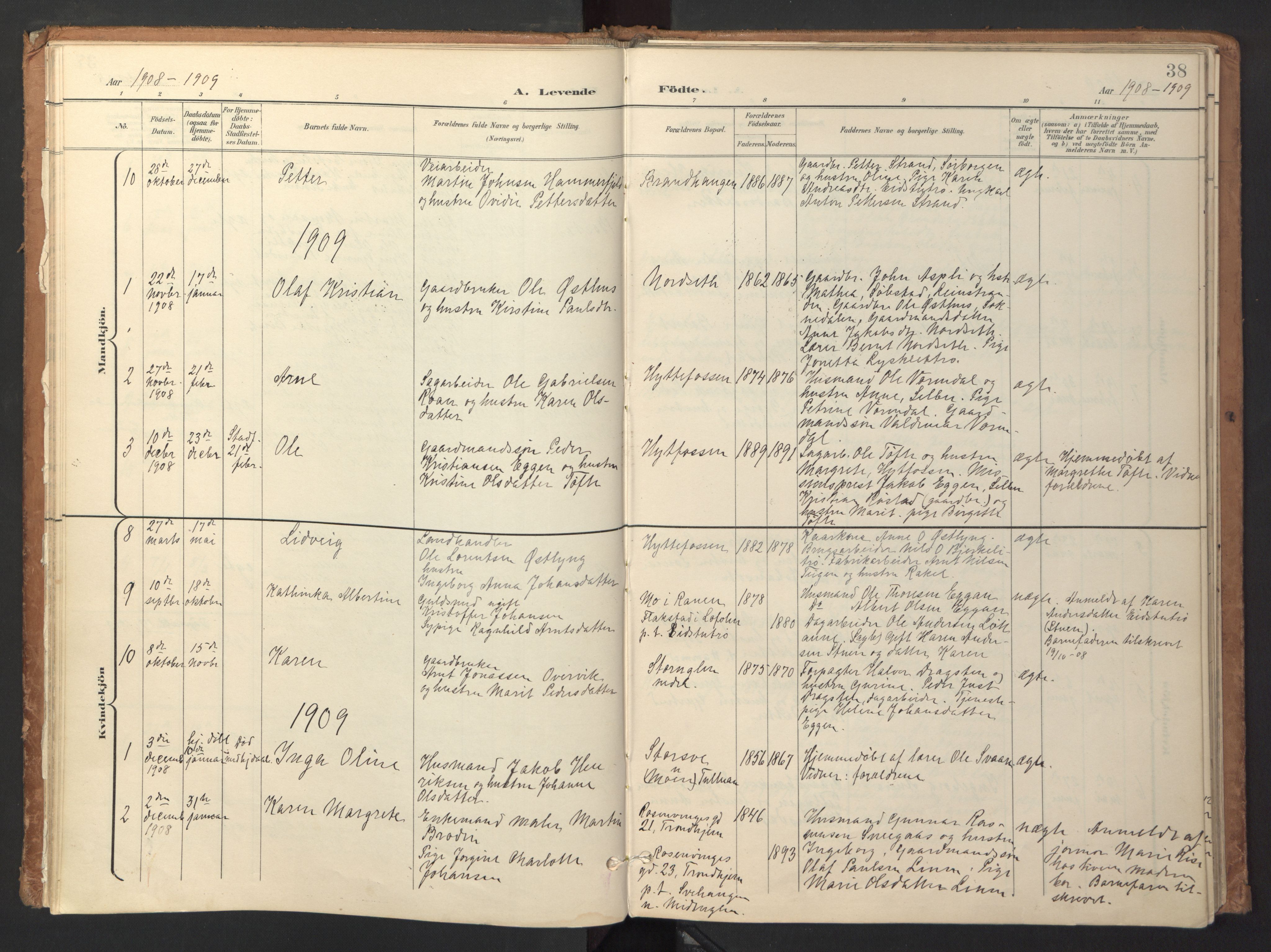 Ministerialprotokoller, klokkerbøker og fødselsregistre - Sør-Trøndelag, SAT/A-1456/618/L0448: Parish register (official) no. 618A11, 1898-1916, p. 38