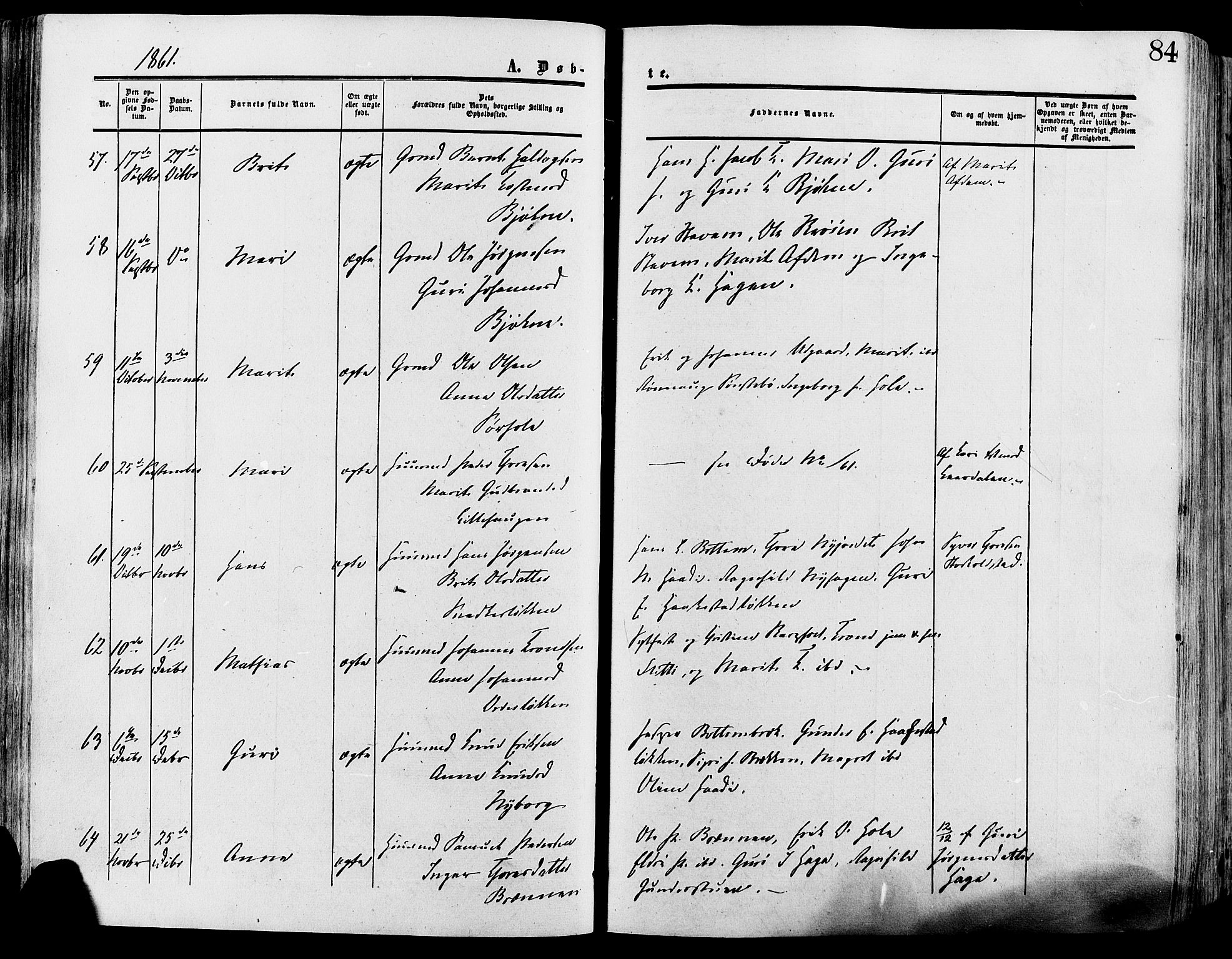 Lesja prestekontor, SAH/PREST-068/H/Ha/Haa/L0008: Parish register (official) no. 8, 1854-1880, p. 84