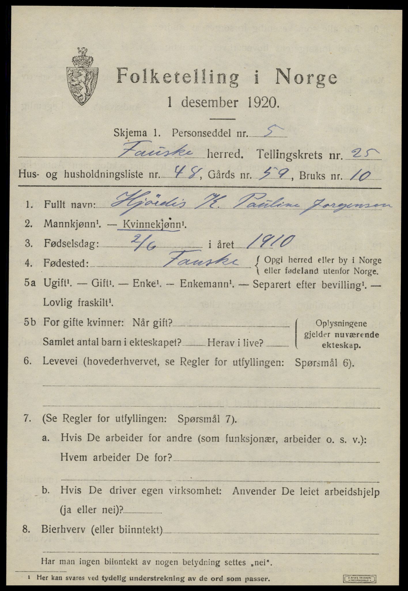 SAT, 1920 census for Fauske, 1920, p. 15690