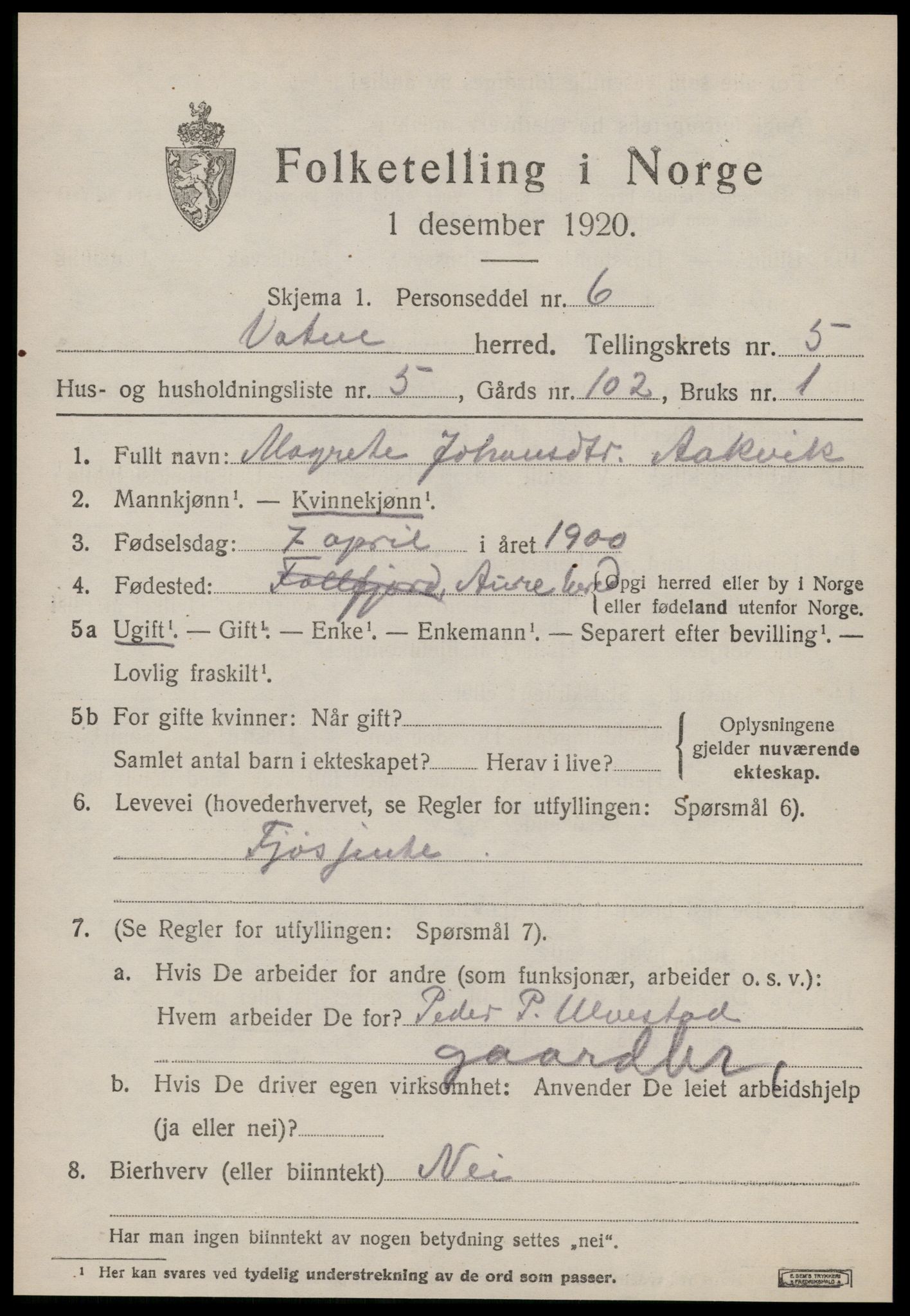 SAT, 1920 census for Vatne, 1920, p. 2220