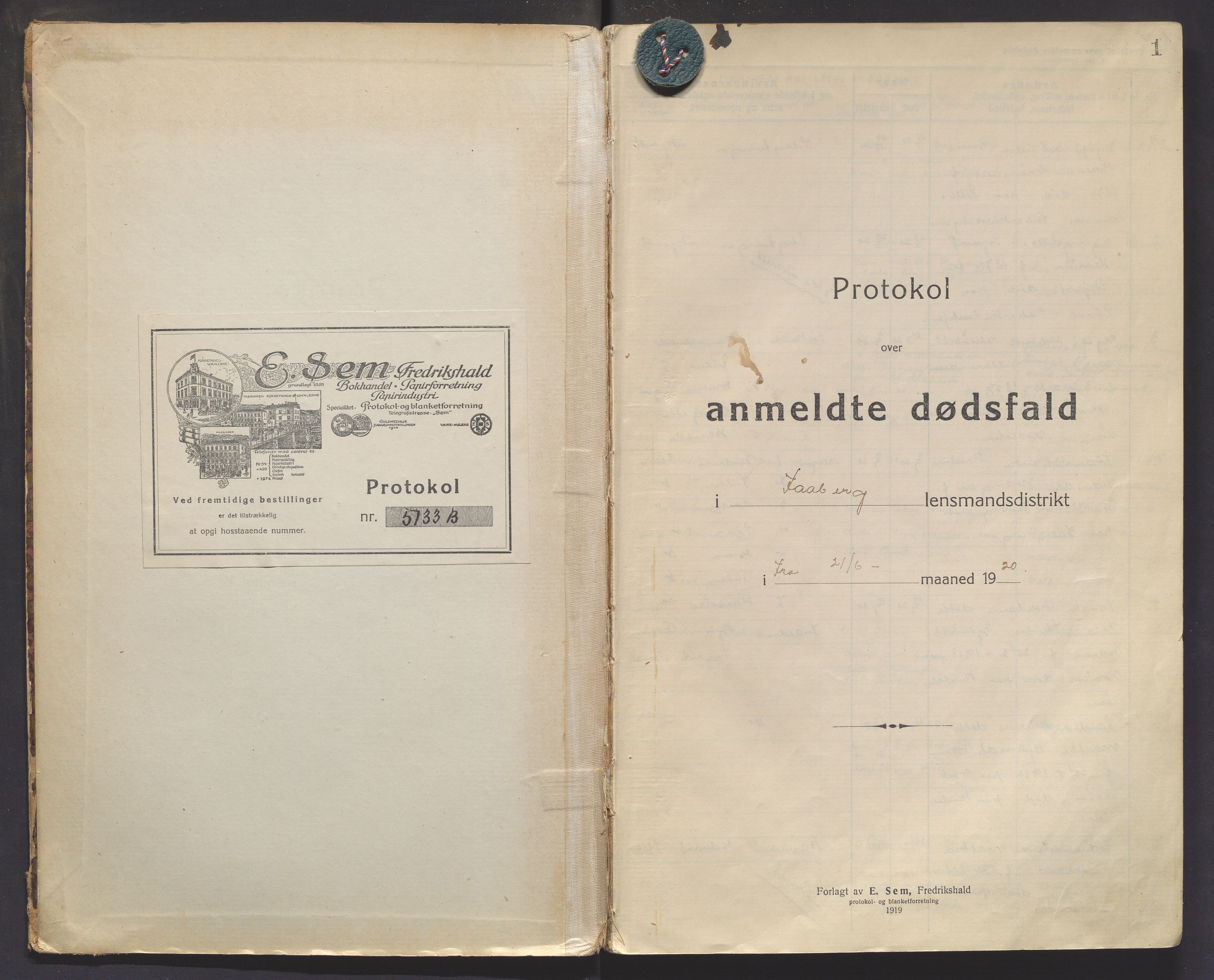 Fåberg lensmannskontor, AV/SAH-PGF-016/H/Ha/L0001/0003: Dødsfallsprotokoller / Dødsfallsprotokoll, 1920-1927, p. 1