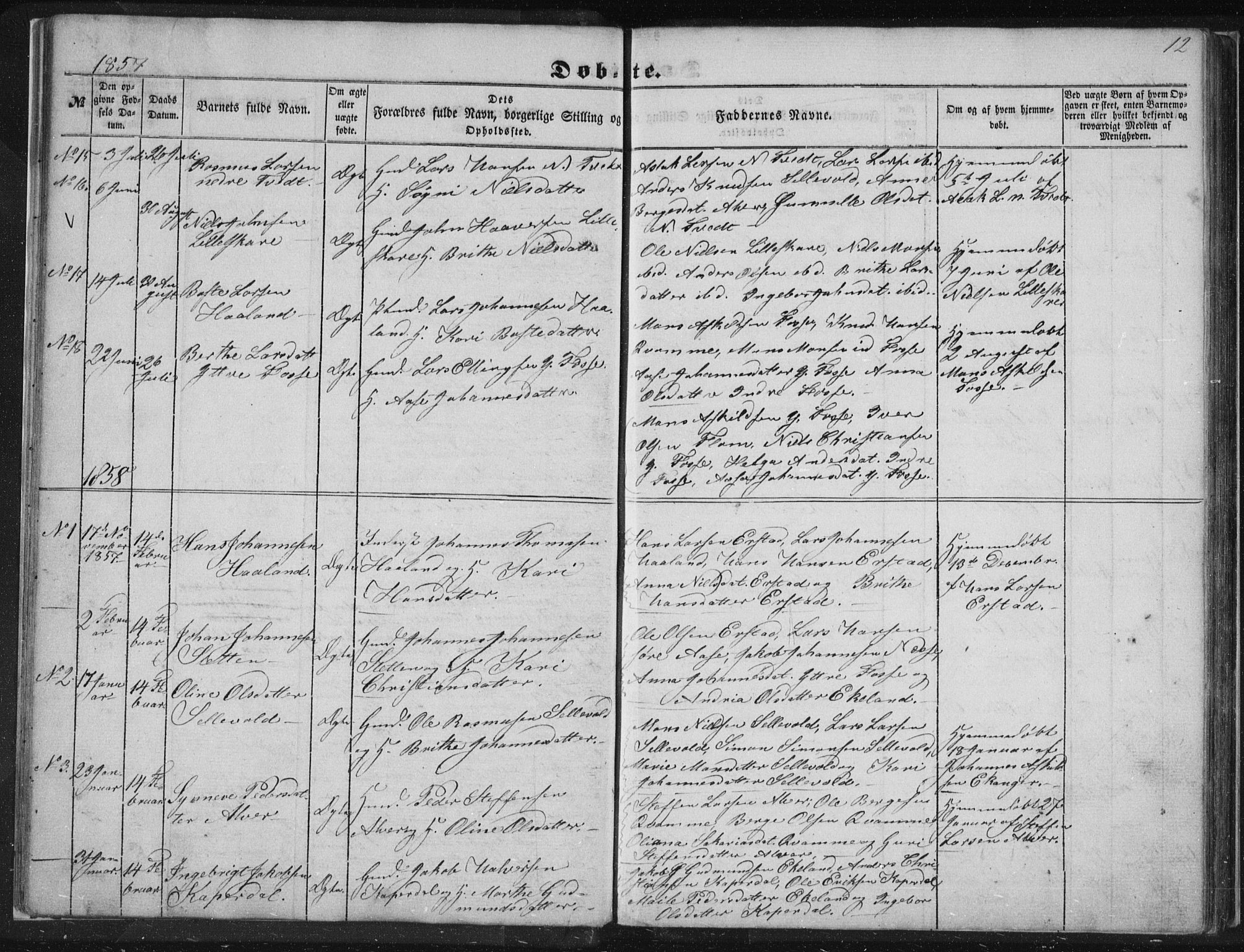 Alversund Sokneprestembete, SAB/A-73901/H/Ha/Hab: Parish register (copy) no. A 1, 1852-1864, p. 12
