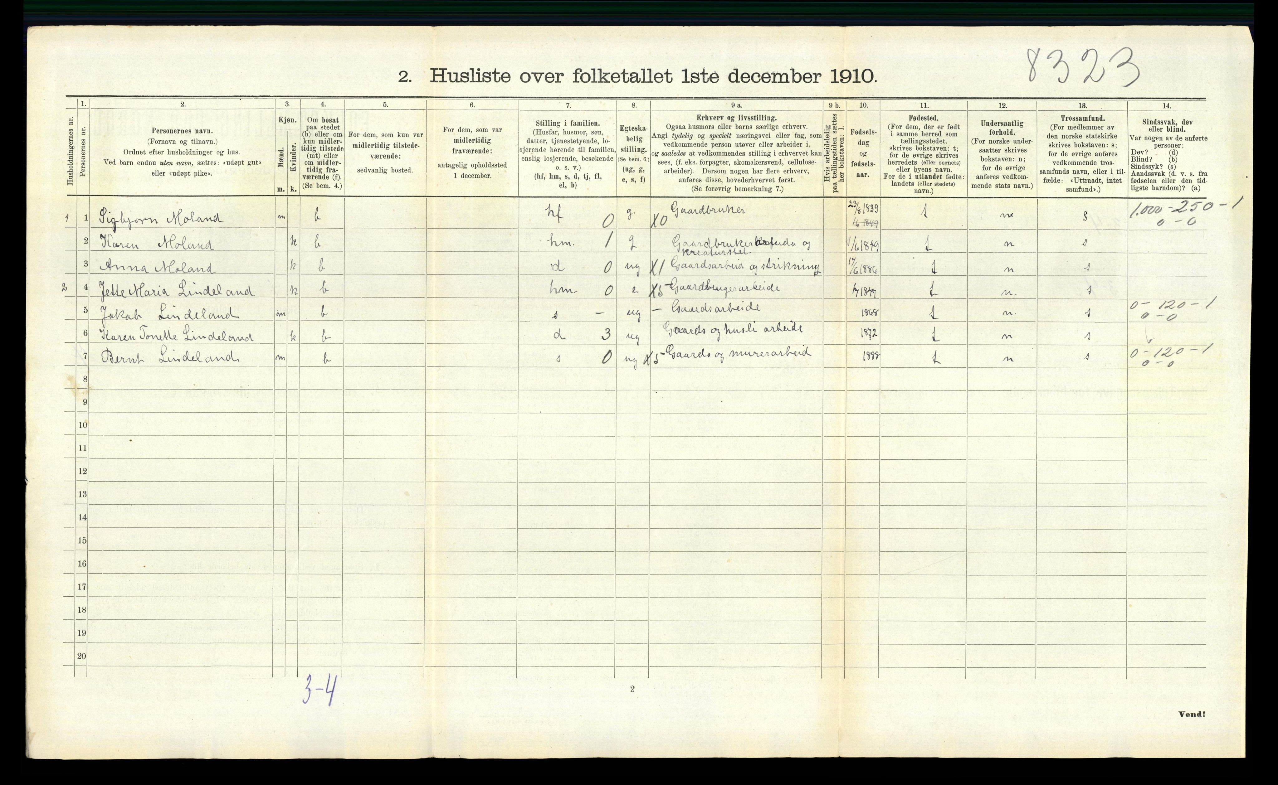 RA, 1910 census for Fjotland, 1910, p. 295