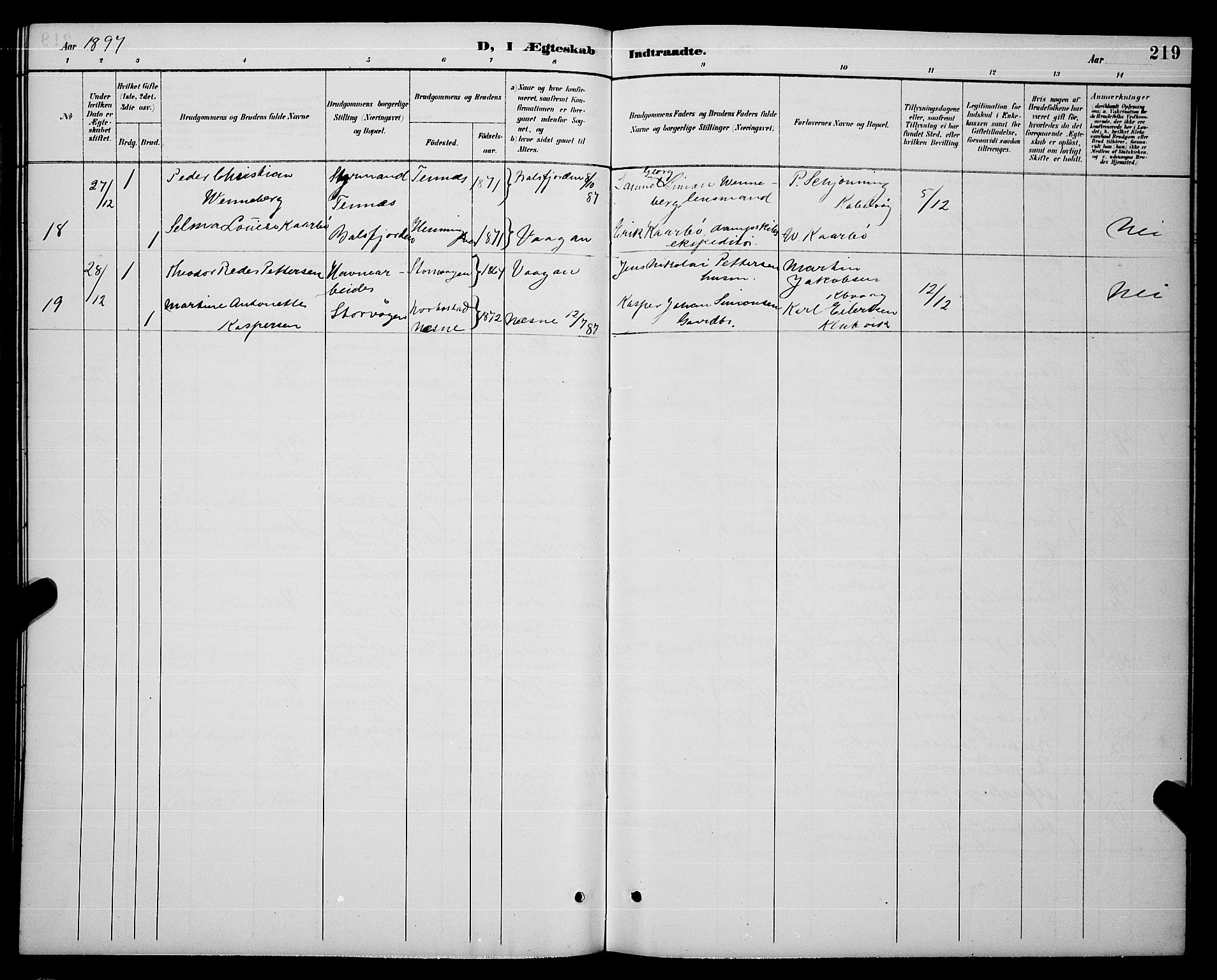 Ministerialprotokoller, klokkerbøker og fødselsregistre - Nordland, AV/SAT-A-1459/874/L1077: Parish register (copy) no. 874C06, 1891-1900, p. 219