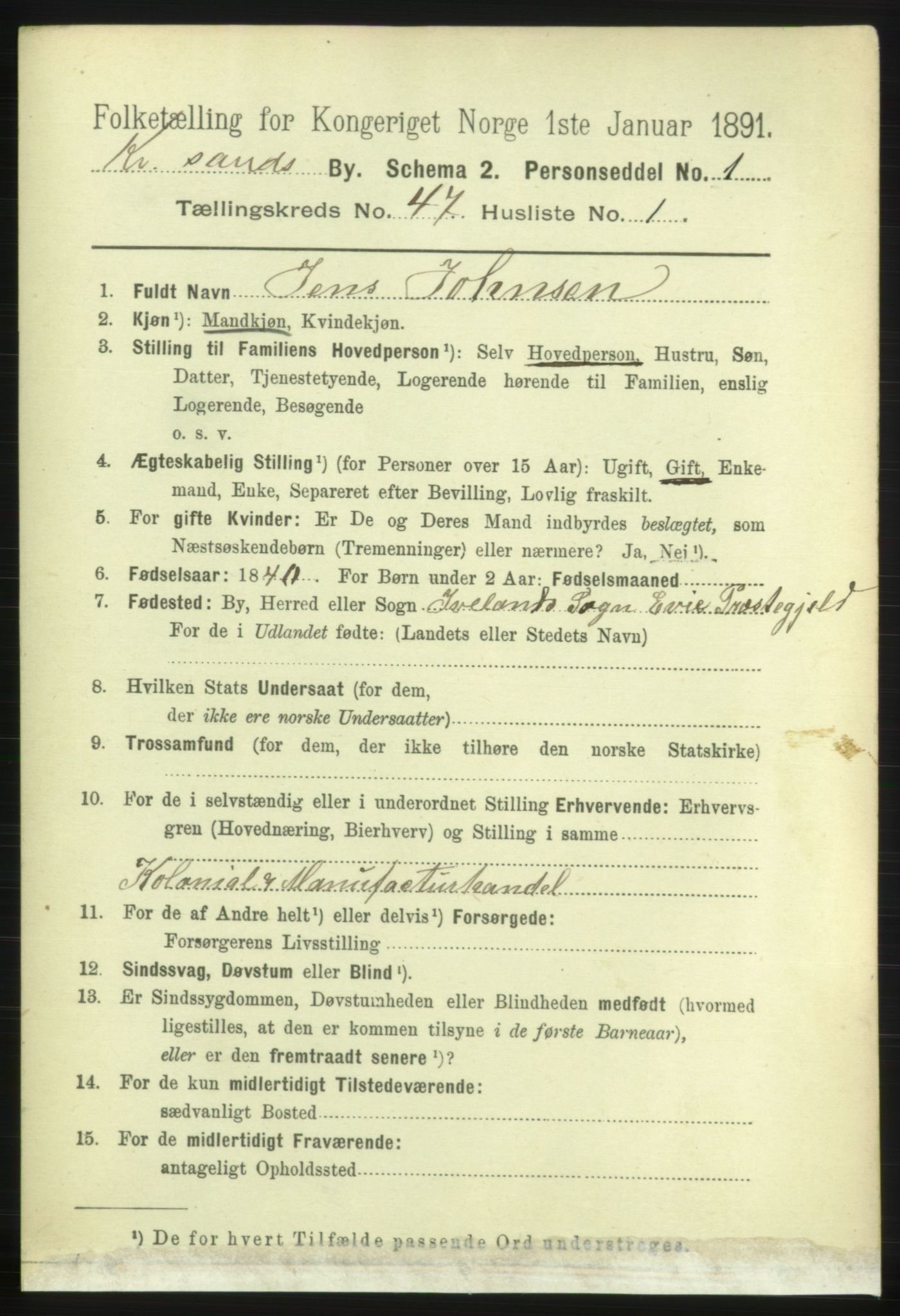 RA, 1891 census for 1001 Kristiansand, 1891, p. 14583