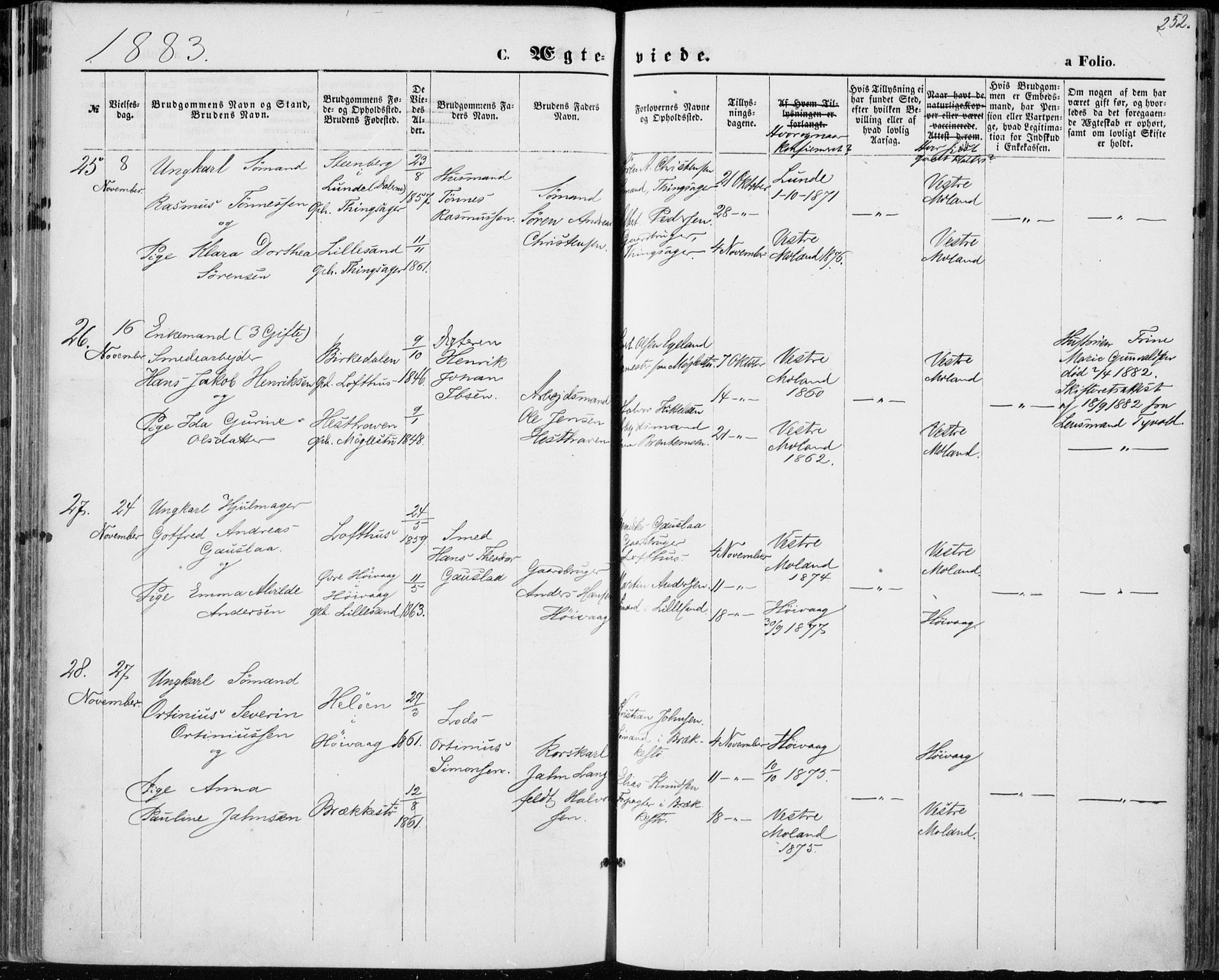 Vestre Moland sokneprestkontor, AV/SAK-1111-0046/F/Fa/Fab/L0008: Parish register (official) no. A 8, 1873-1883, p. 252