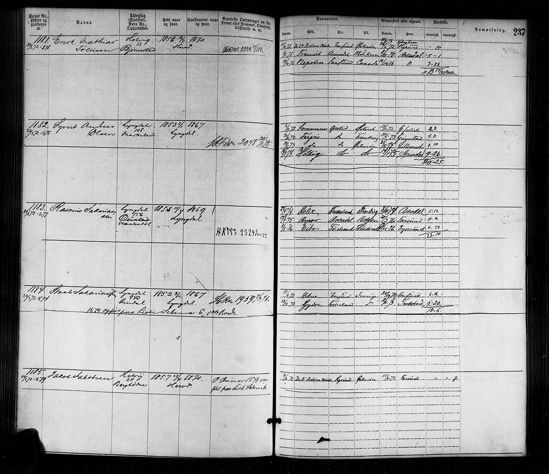 Farsund mønstringskrets, AV/SAK-2031-0017/F/Fa/L0001: Annotasjonsrulle nr 1-1920 med register, M-1, 1869-1877, p. 267