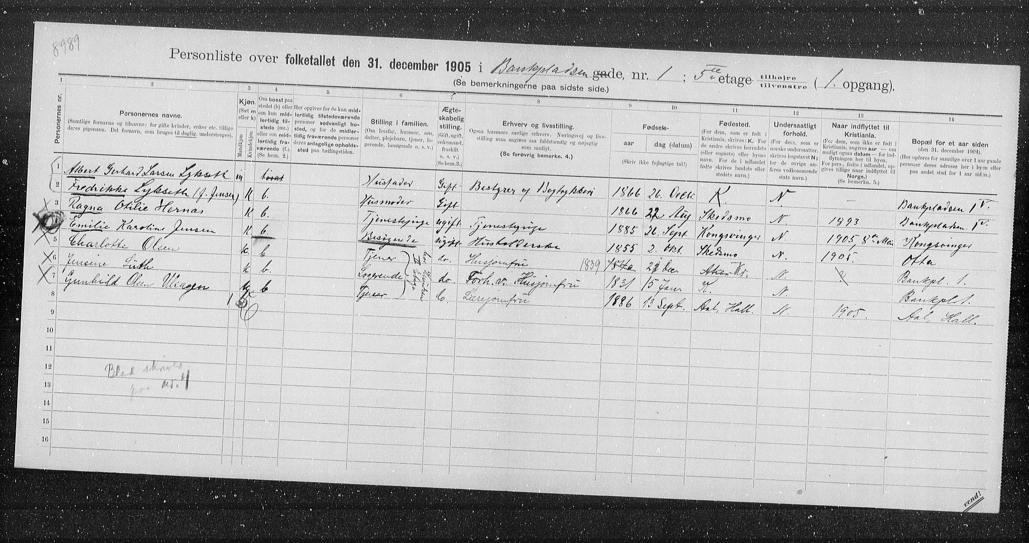 OBA, Municipal Census 1905 for Kristiania, 1905, p. 1705