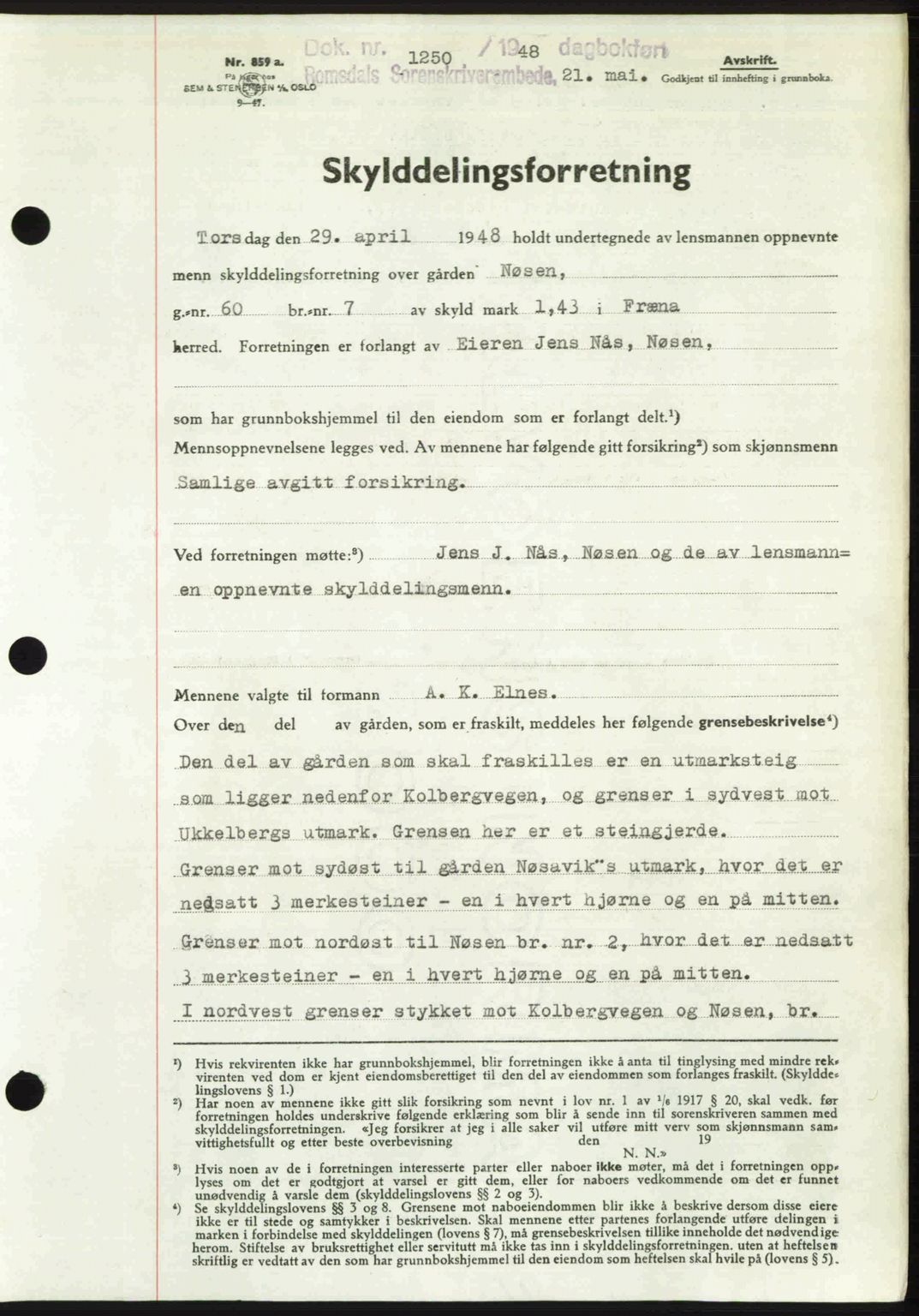 Romsdal sorenskriveri, AV/SAT-A-4149/1/2/2C: Mortgage book no. A26, 1948-1948, Diary no: : 1250/1948