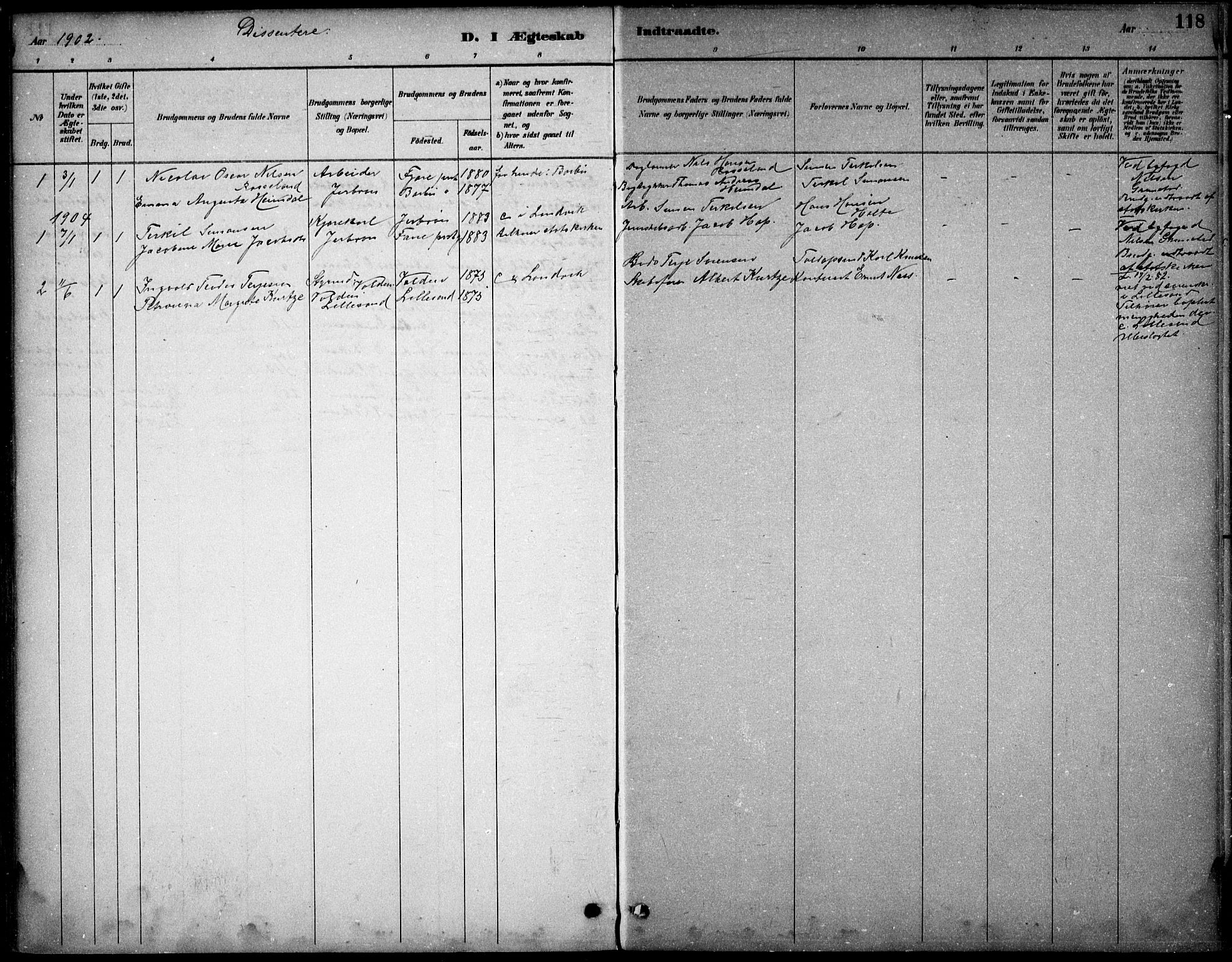 Hommedal sokneprestkontor, SAK/1111-0023/F/Fb/Fbb/L0007: Parish register (copy) no. B 7, 1885-1904, p. 118