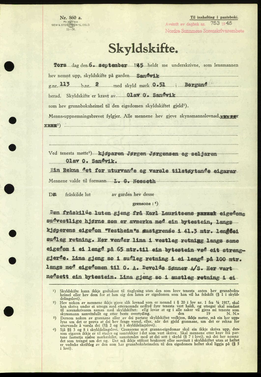 Nordre Sunnmøre sorenskriveri, AV/SAT-A-0006/1/2/2C/2Ca: Mortgage book no. A20a, 1945-1945, Diary no: : 753/1945