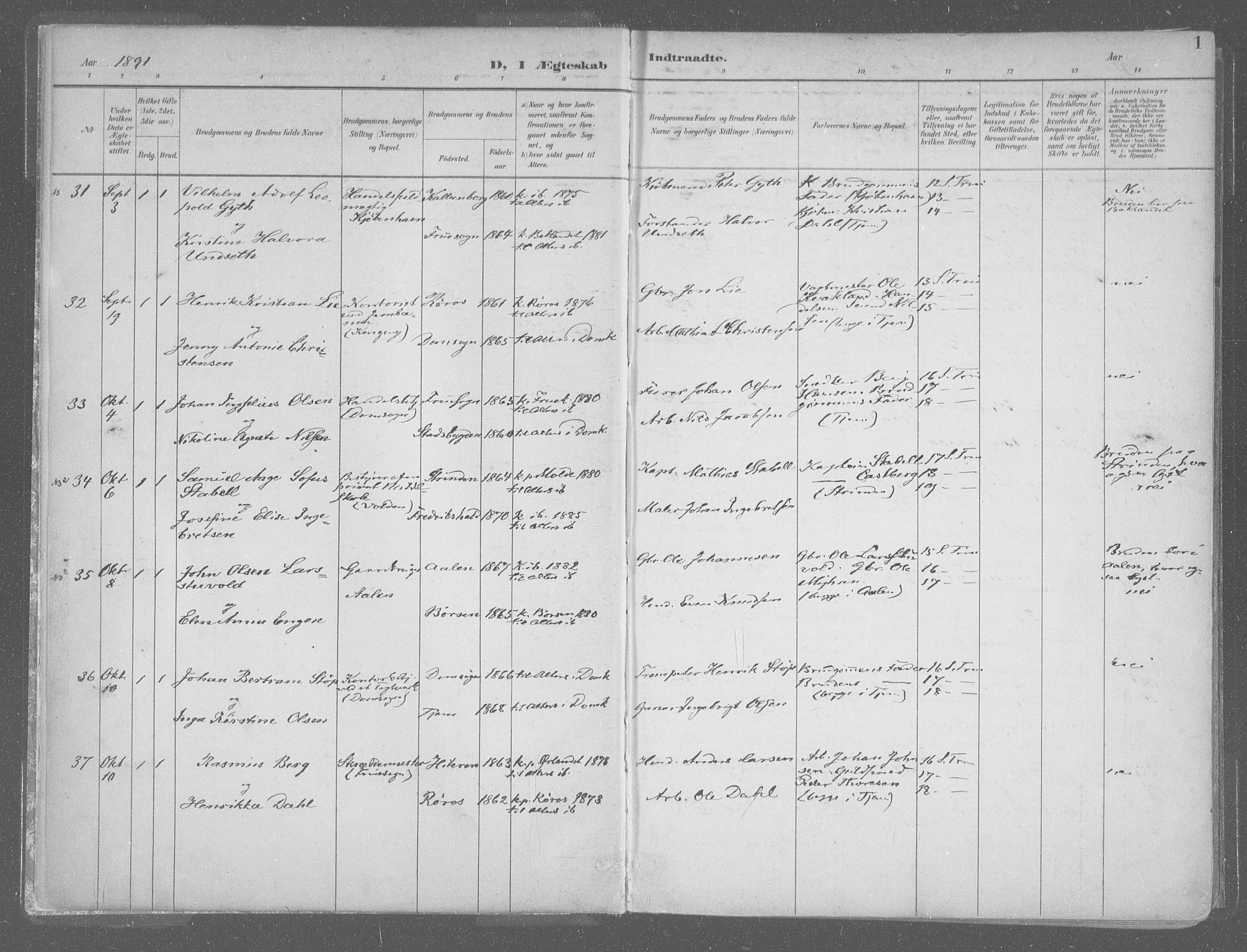 Ministerialprotokoller, klokkerbøker og fødselsregistre - Sør-Trøndelag, SAT/A-1456/601/L0064: Parish register (official) no. 601A31, 1891-1911, p. 1