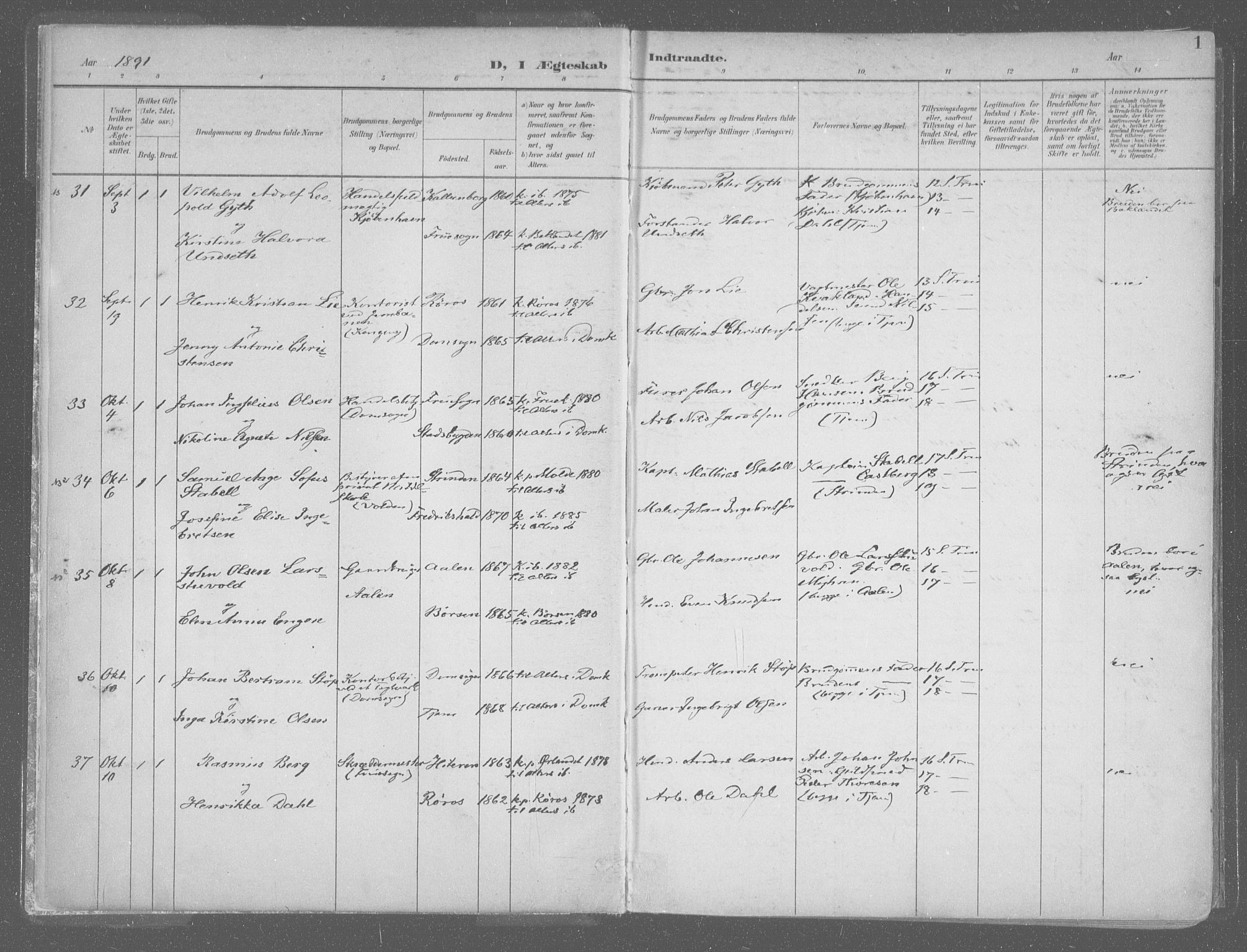 Ministerialprotokoller, klokkerbøker og fødselsregistre - Sør-Trøndelag, AV/SAT-A-1456/601/L0064: Parish register (official) no. 601A31, 1891-1911, p. 1