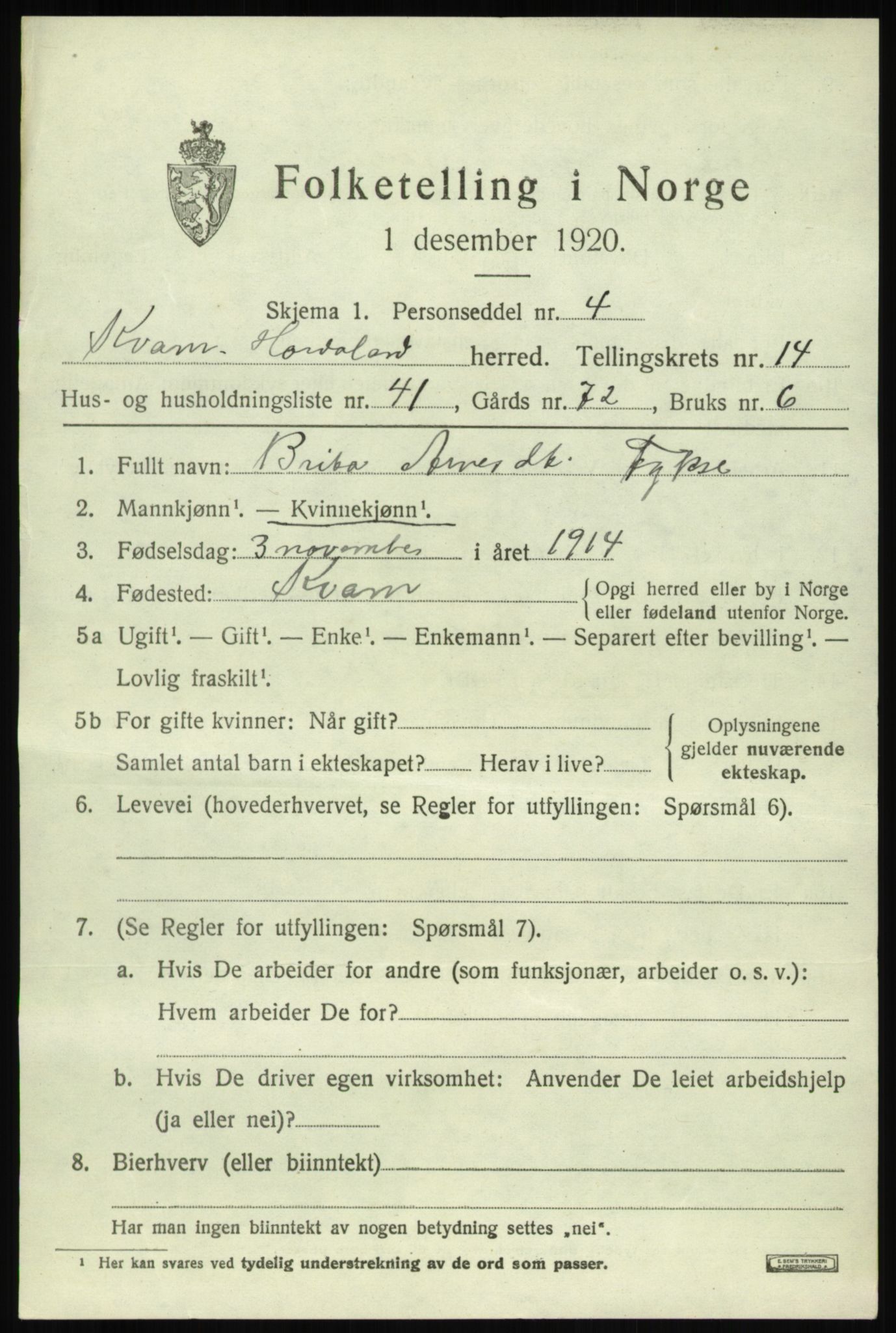 SAB, 1920 census for Kvam, 1920, p. 8659