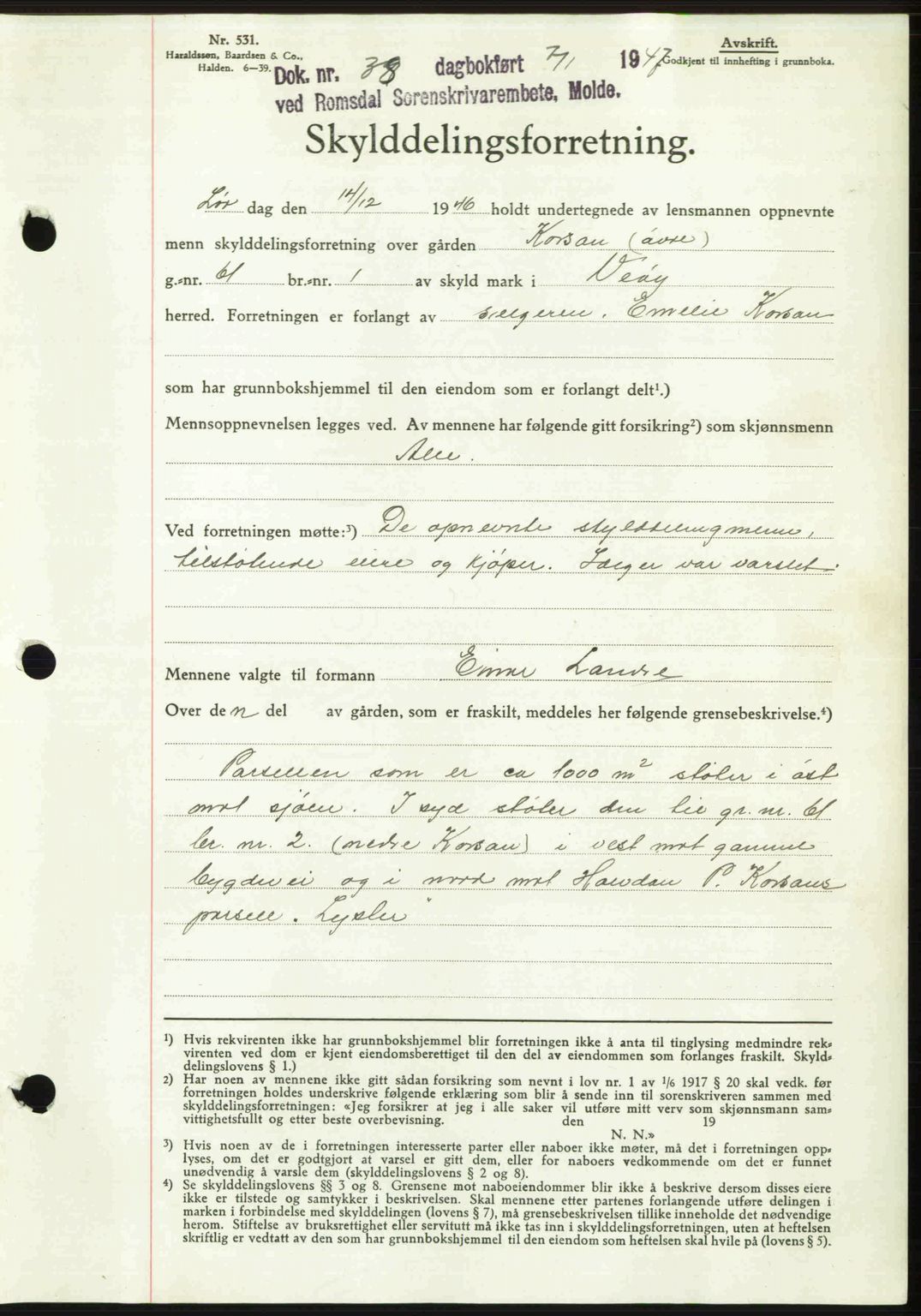 Romsdal sorenskriveri, SAT/A-4149/1/2/2C: Mortgage book no. A22, 1947-1947, Diary no: : 38/1947