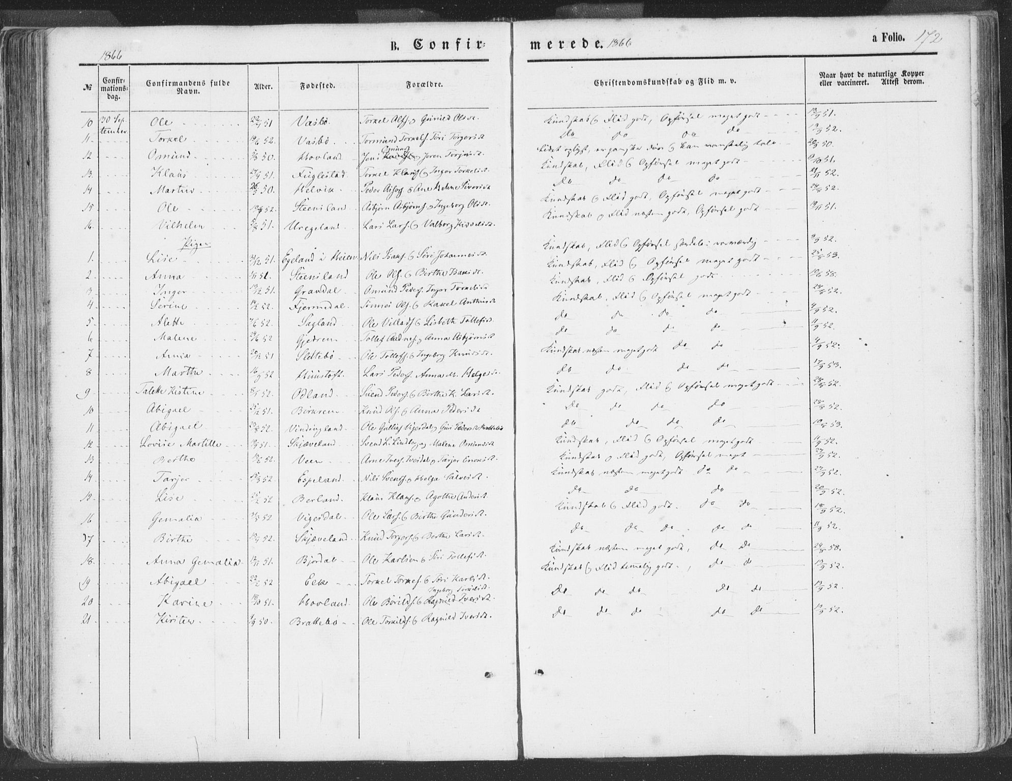 Helleland sokneprestkontor, SAST/A-101810: Parish register (official) no. A 7.1, 1863-1886, p. 172