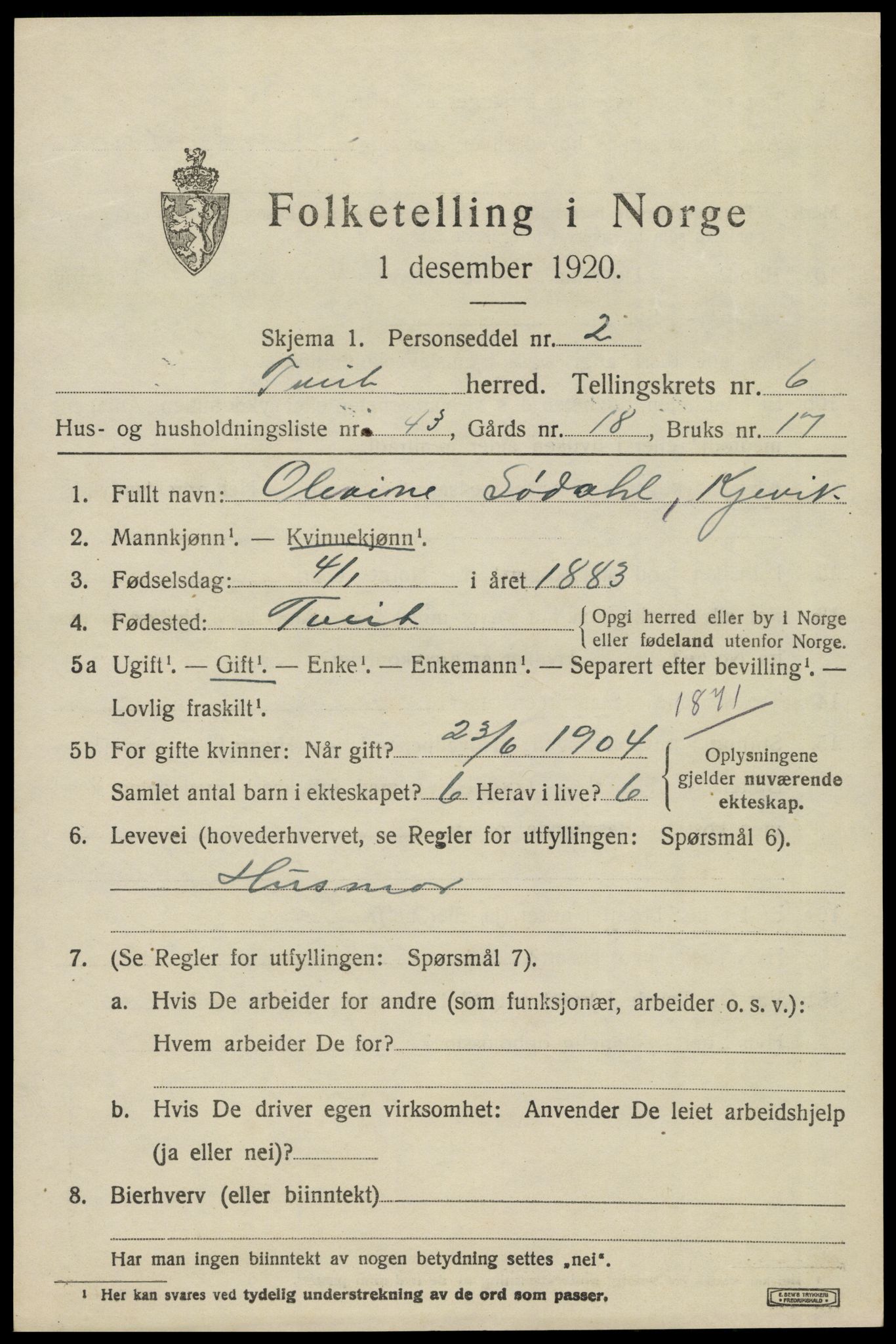 SAK, 1920 census for Tveit, 1920, p. 3168
