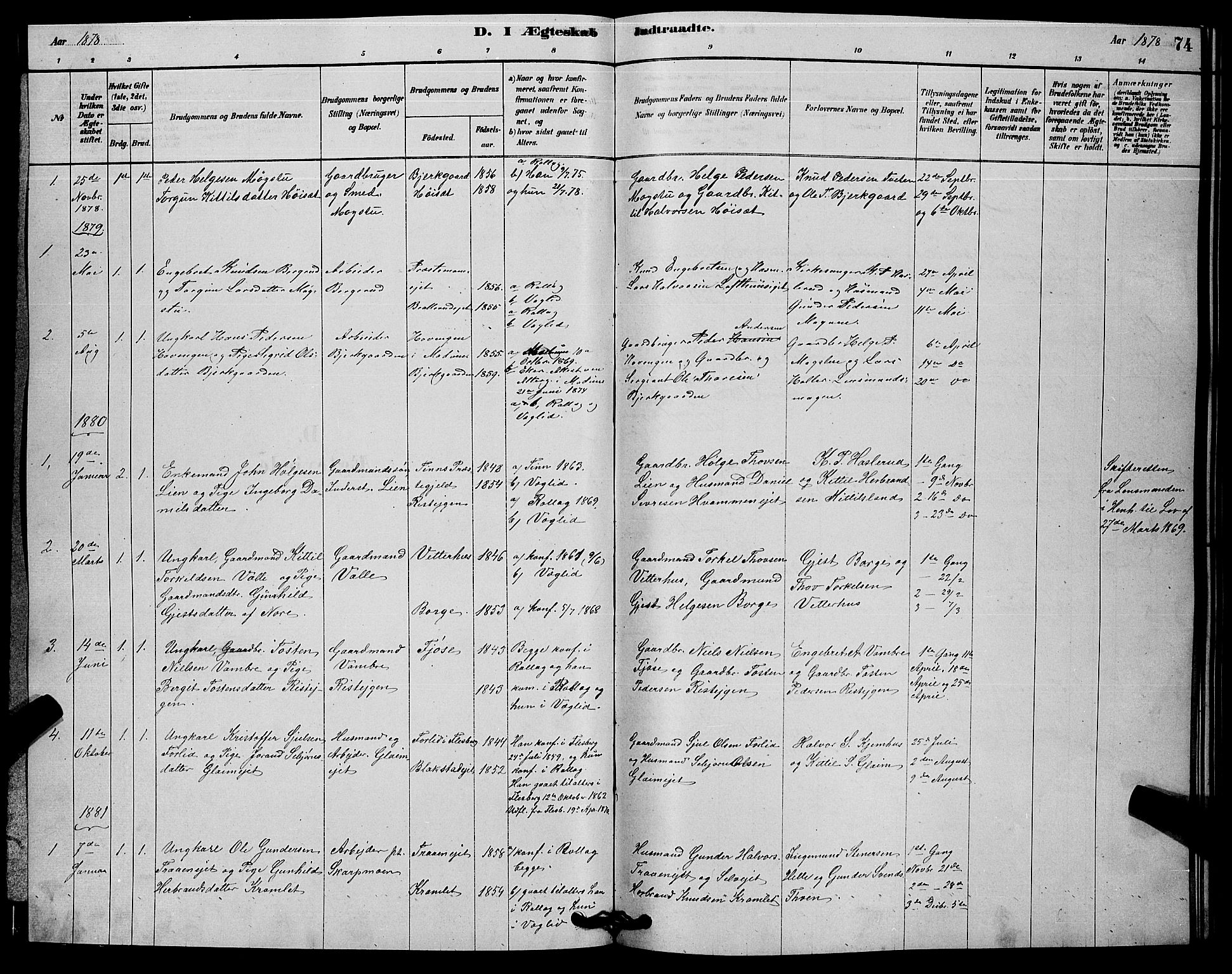 Rollag kirkebøker, SAKO/A-240/G/Gb/L0002: Parish register (copy) no. II 2, 1878-1898, p. 74