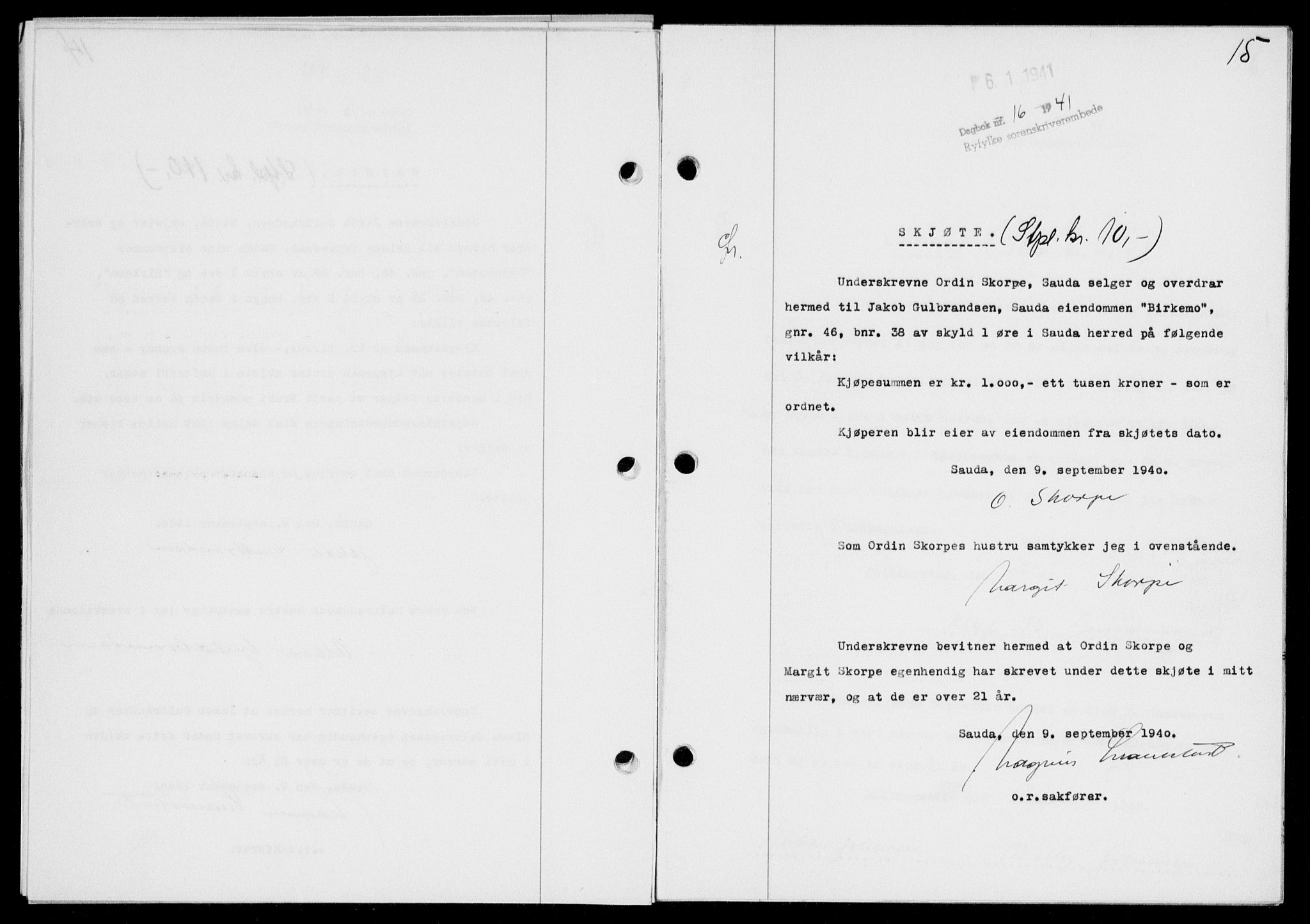 Ryfylke tingrett, SAST/A-100055/001/II/IIB/L0083: Mortgage book no. 62, 1941-1941, Diary no: : 16/1941