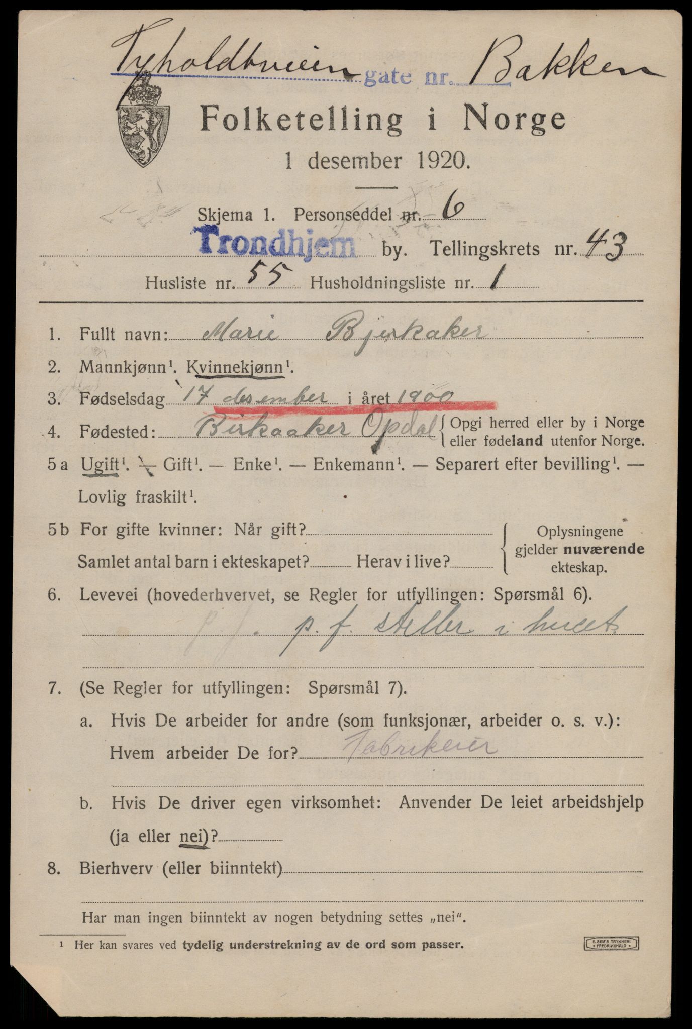 SAT, 1920 census for Trondheim, 1920, p. 94858