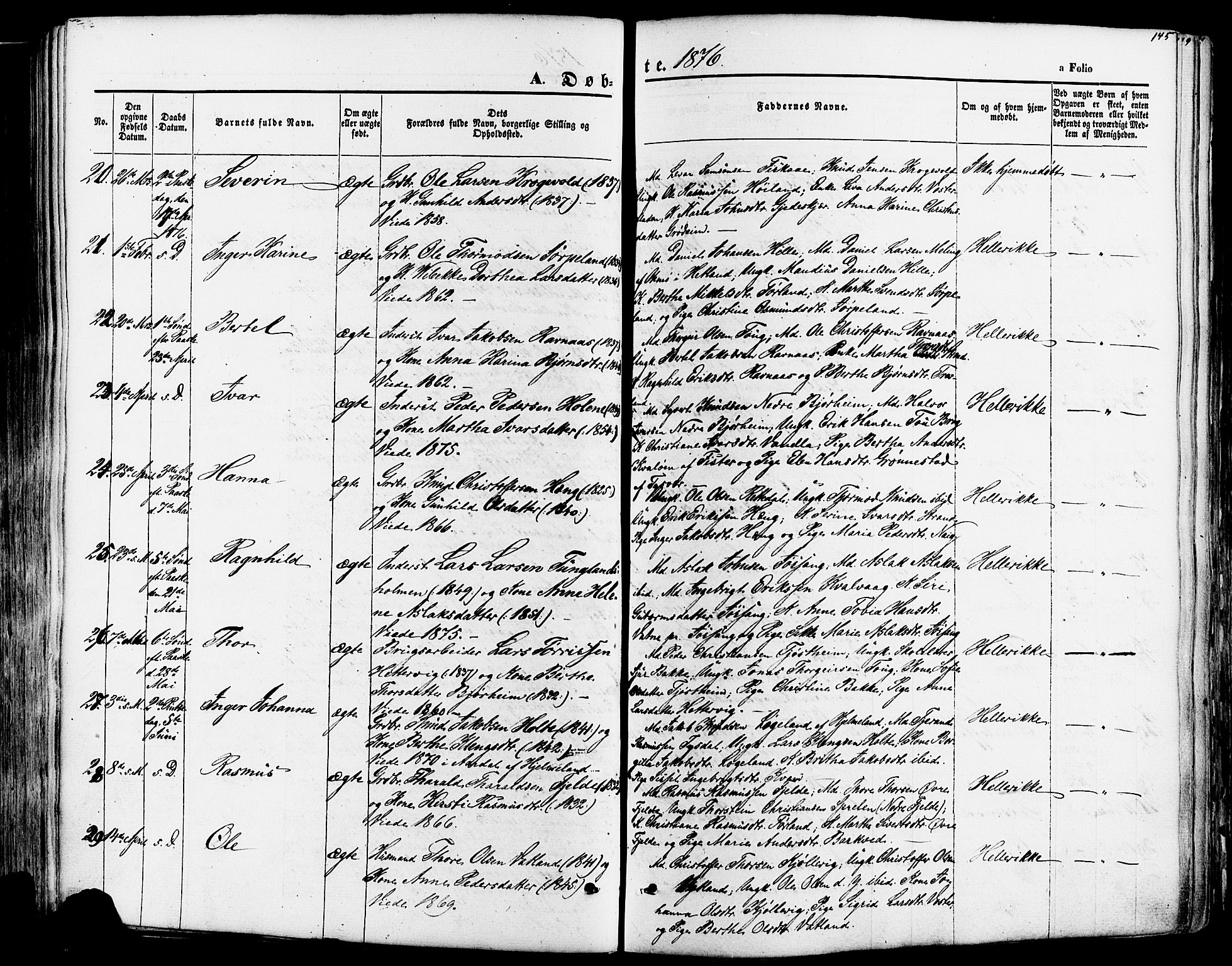 Strand sokneprestkontor, AV/SAST-A-101828/H/Ha/Haa/L0007: Parish register (official) no. A 7, 1855-1881, p. 145