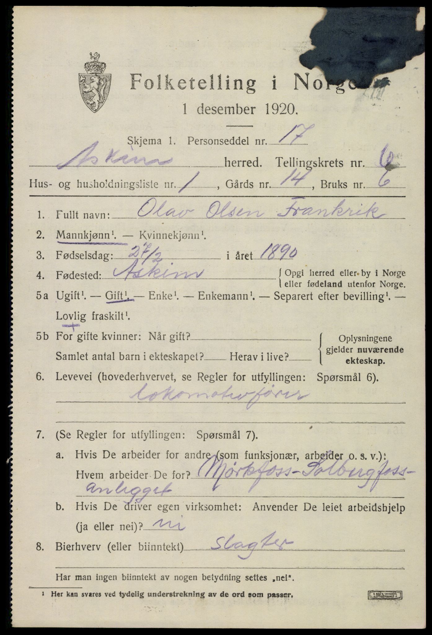 SAO, 1920 census for Askim, 1920, p. 11053