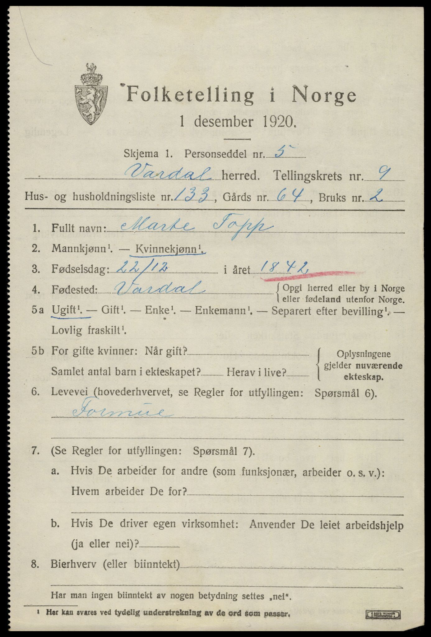 SAH, 1920 census for Vardal, 1920, p. 8451