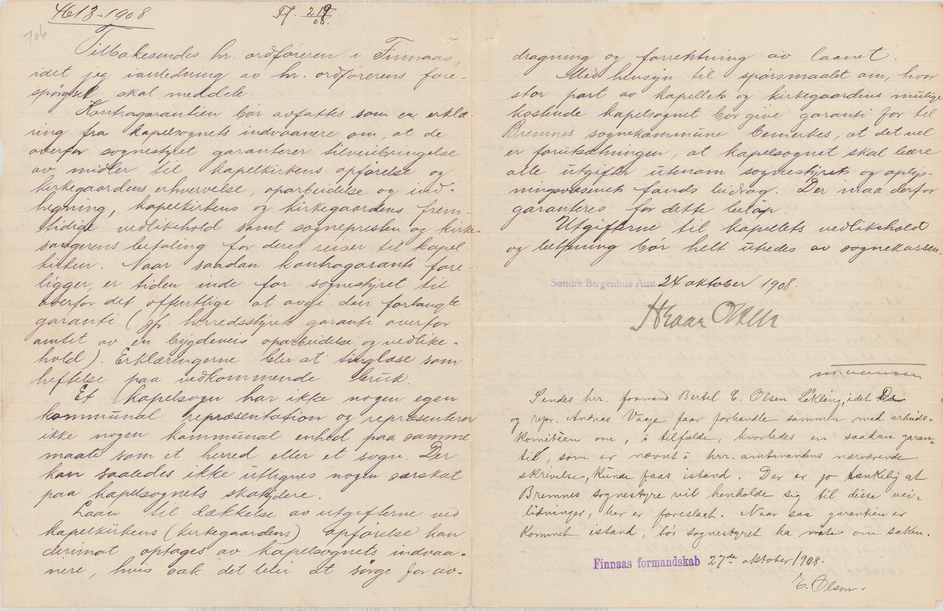 Finnaas kommune. Formannskapet, IKAH/1218a-021/D/Da/L0001/0006: Korrespondanse / saker / Kapellkyrkje på Løkling, 1906-1910, p. 25