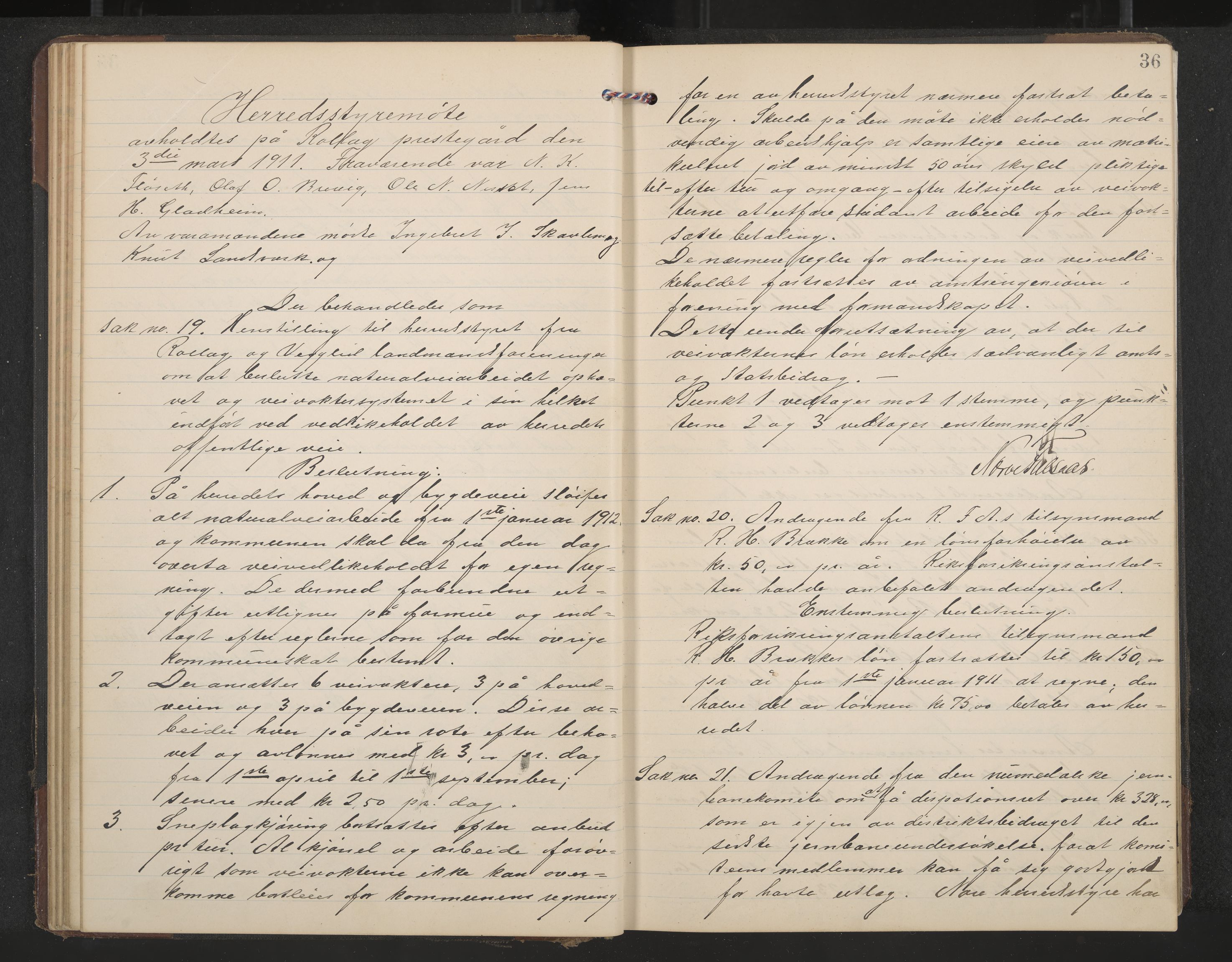 Rollag formannskap og sentraladministrasjon, IKAK/0632021-2/A/Aa/L0005: Møtebok, 1909-1915, p. 36