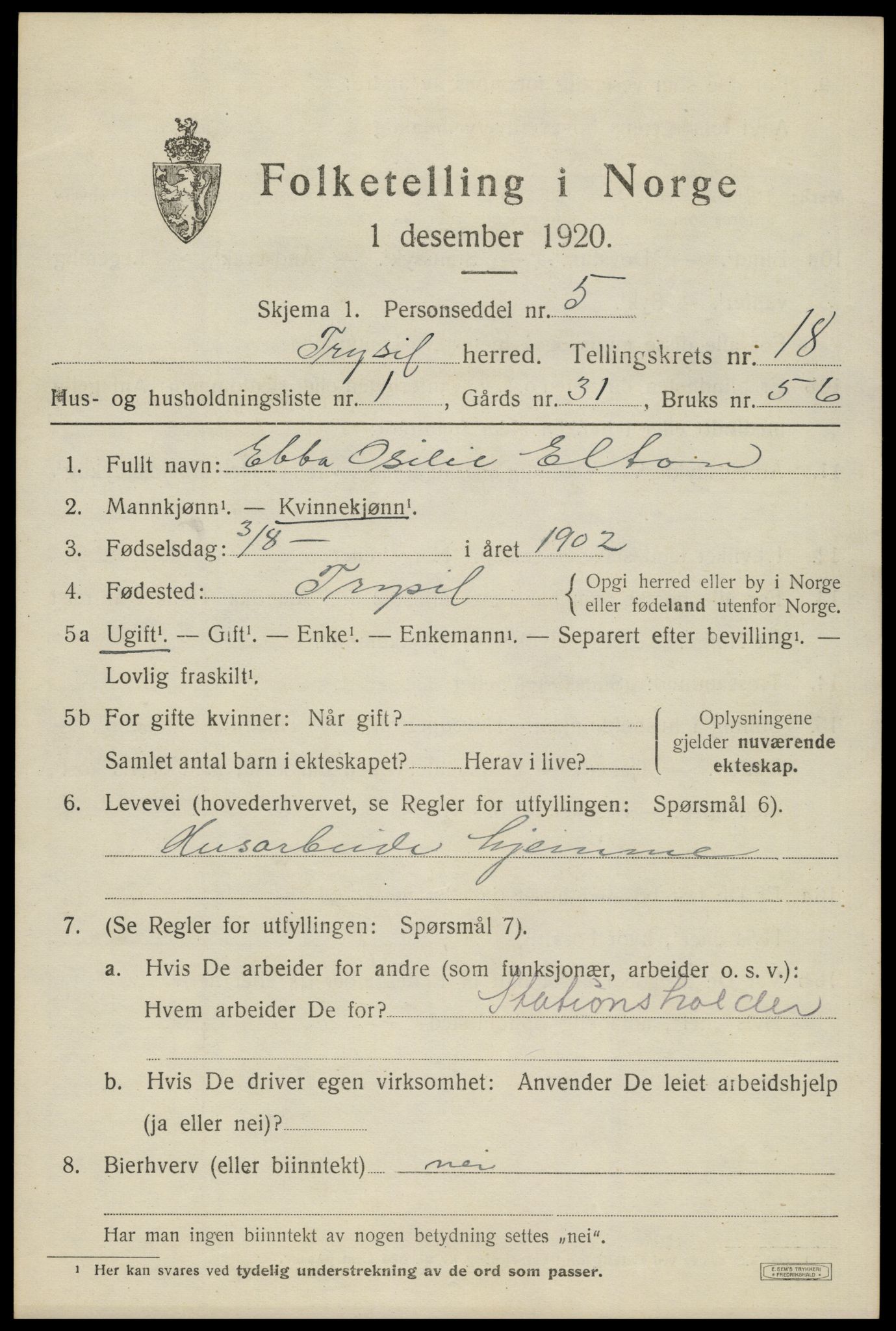 SAH, 1920 census for Trysil, 1920, p. 11911
