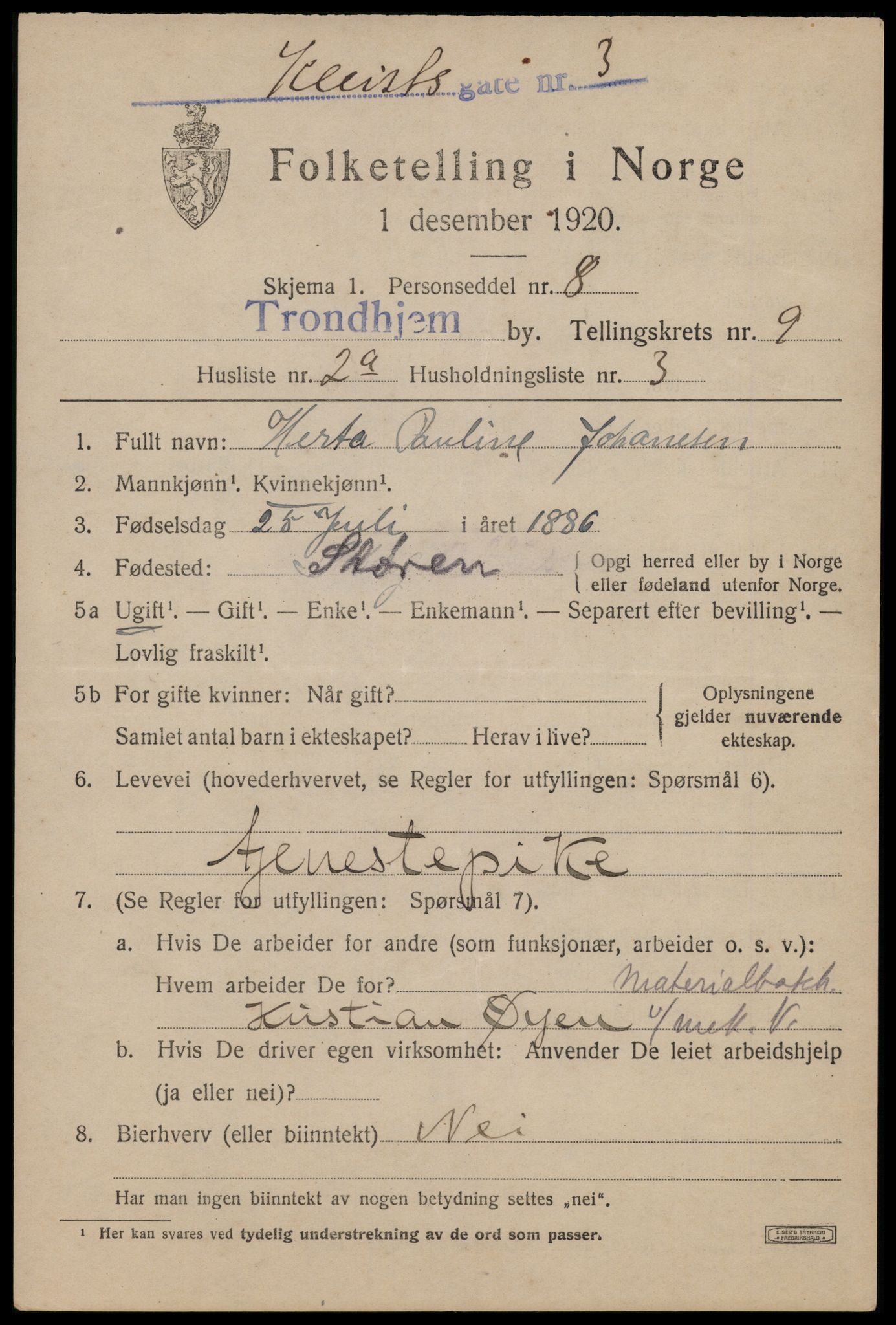 SAT, 1920 census for Trondheim, 1920, p. 43886