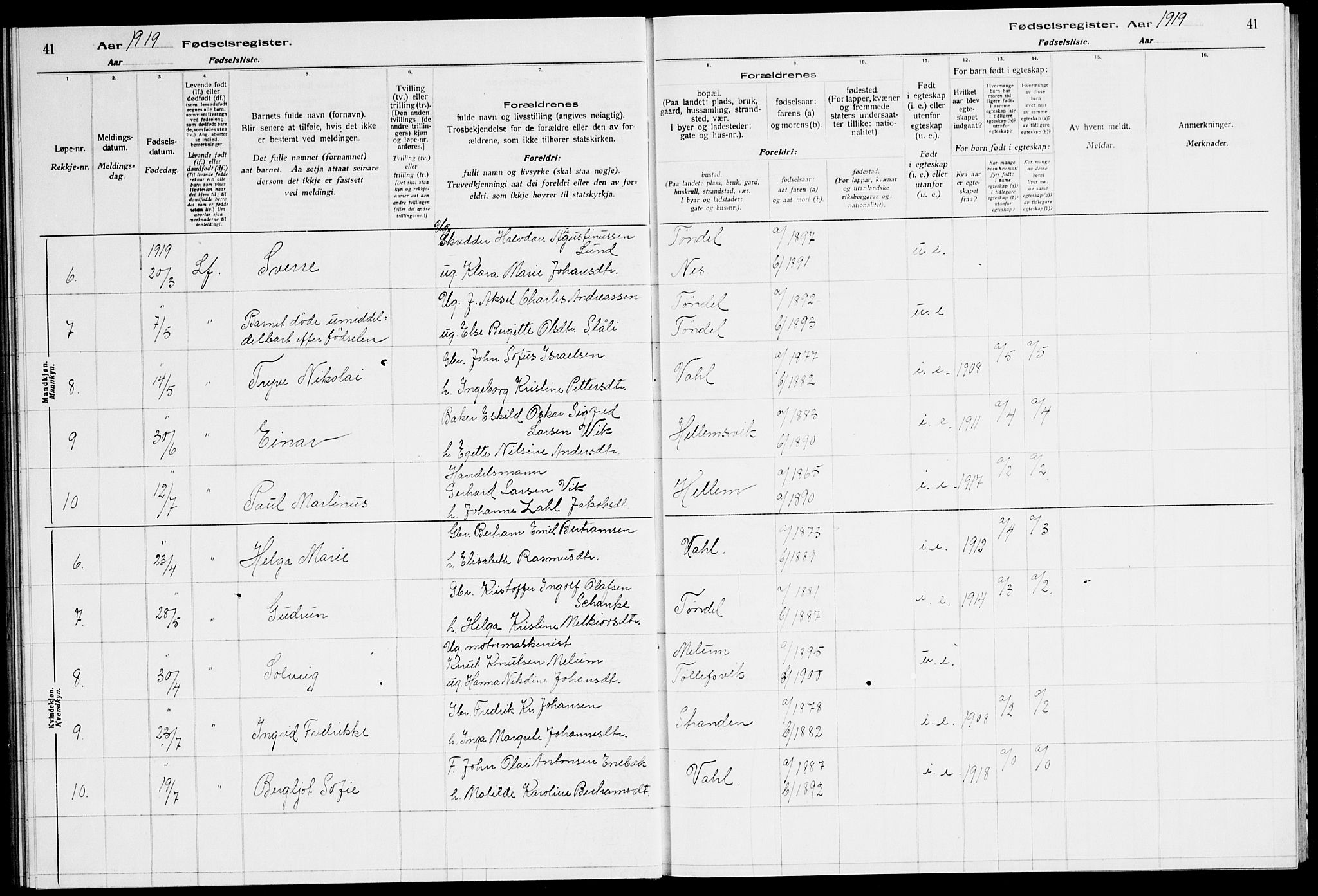 Ministerialprotokoller, klokkerbøker og fødselsregistre - Sør-Trøndelag, SAT/A-1456/651/L0650: Birth register no. 651.II.4.1, 1916-1923, p. 41