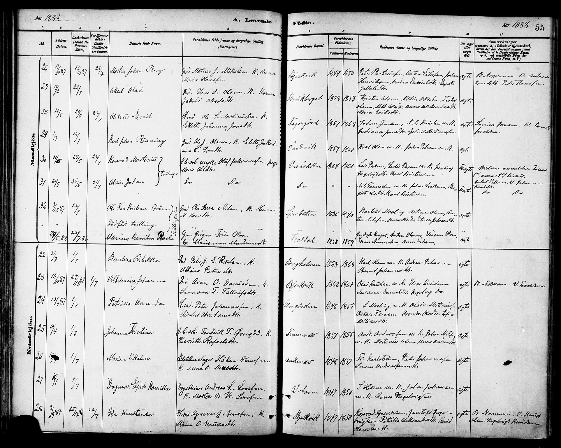 Ministerialprotokoller, klokkerbøker og fødselsregistre - Nordland, SAT/A-1459/866/L0938: Parish register (official) no. 866A01, 1879-1893, p. 55