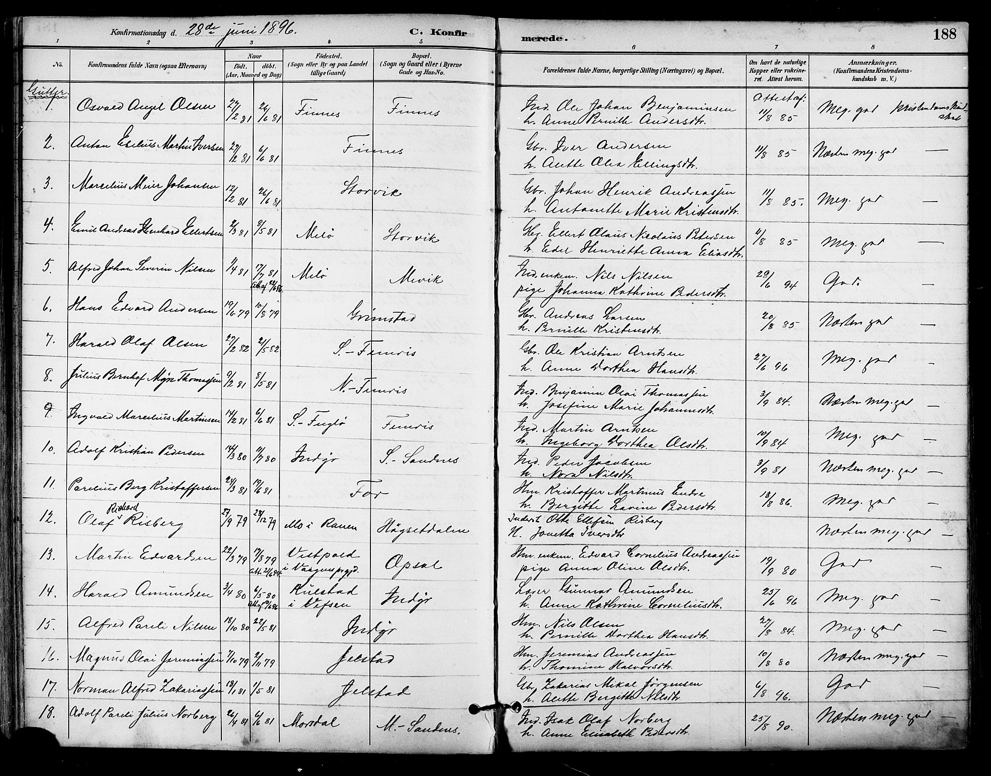 Ministerialprotokoller, klokkerbøker og fødselsregistre - Nordland, AV/SAT-A-1459/805/L0101: Parish register (official) no. 805A07, 1892-1899, p. 188