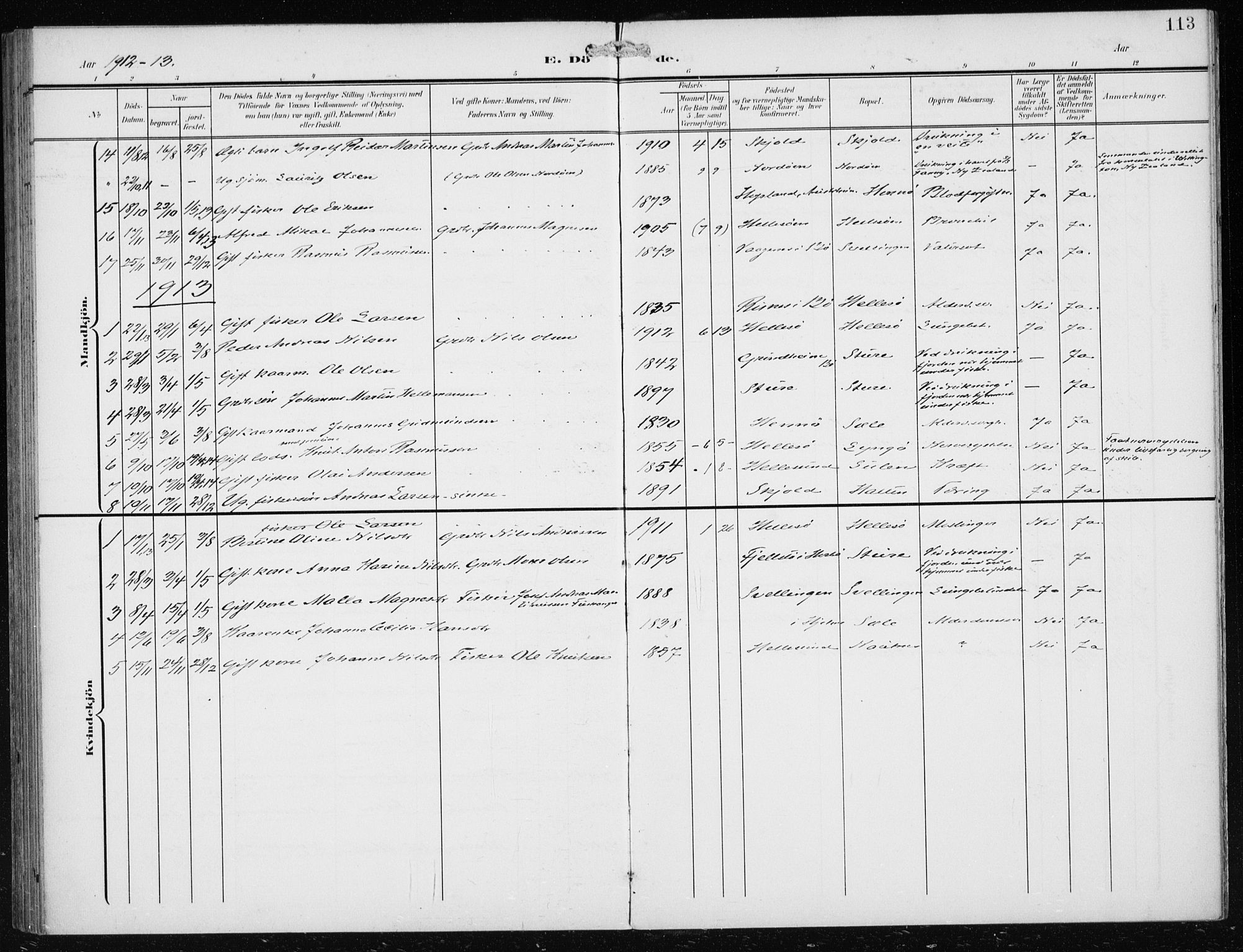 Herdla Sokneprestembete, AV/SAB-A-75701/H/Haa: Parish register (official) no. B 1, 1902-1921, p. 113