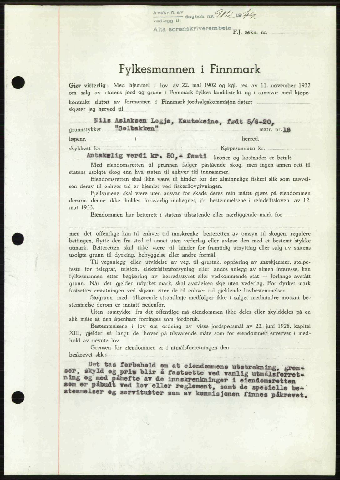 Alta fogderi/sorenskriveri, SATØ/SATØ-5/1/K/Kd/L0038pantebok: Mortgage book no. 41-42, 1949-1950, Diary no: : 912/1949