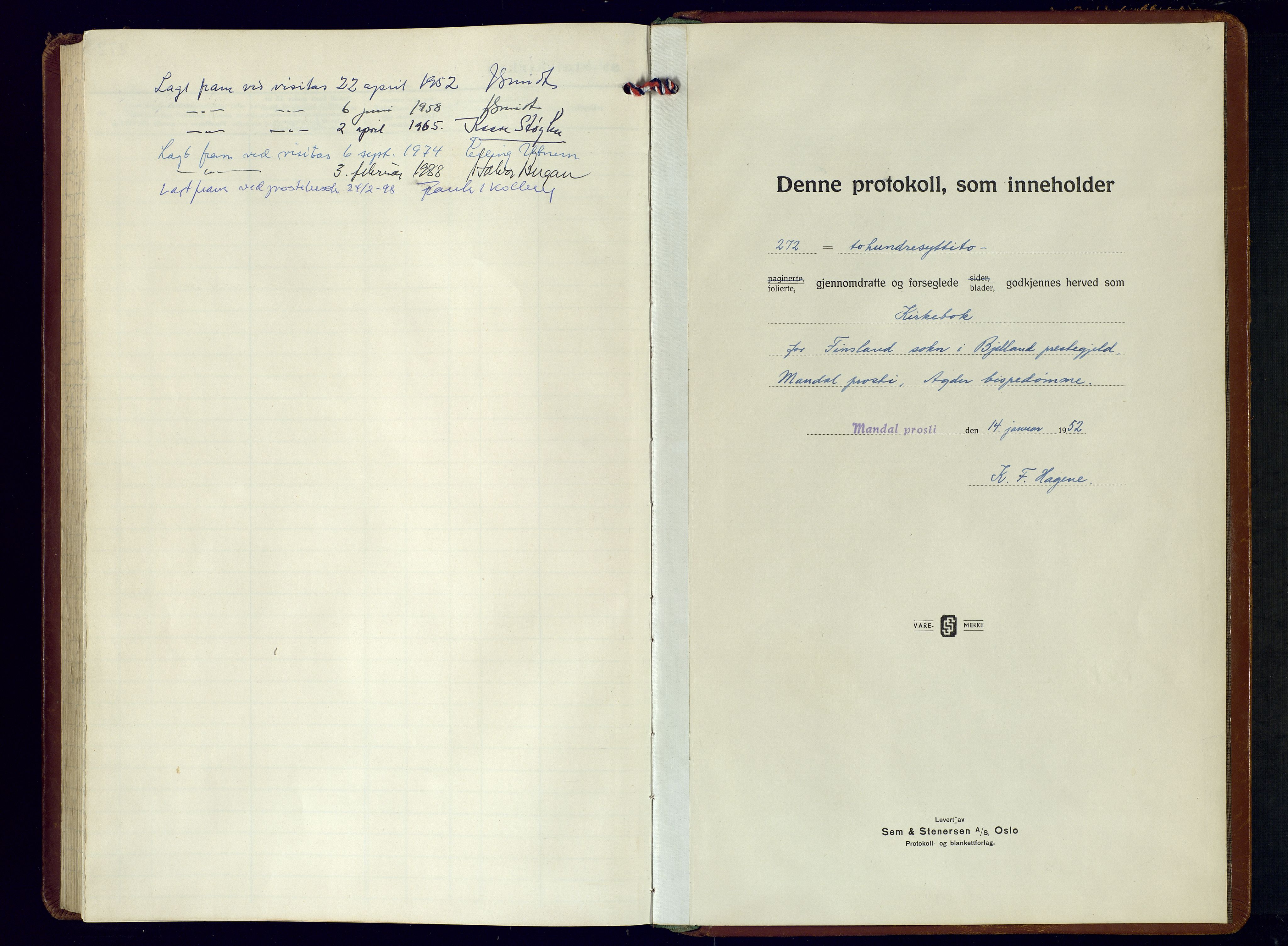 Bjelland sokneprestkontor, AV/SAK-1111-0005/F/Fa/Fab/L0006: Parish register (official) no. A-6, 1952-1988