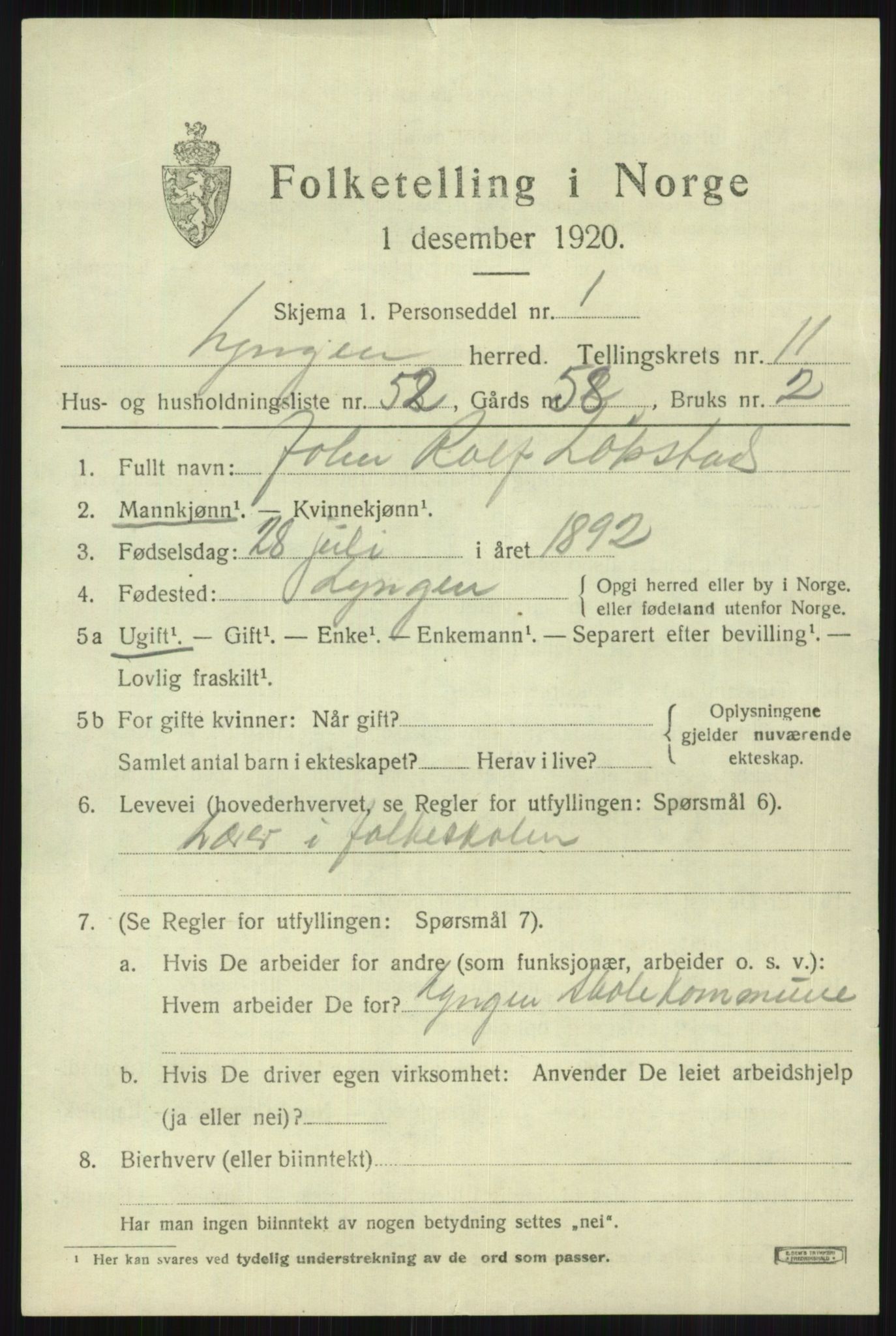 SATØ, 1920 census for Lyngen, 1920, p. 9051