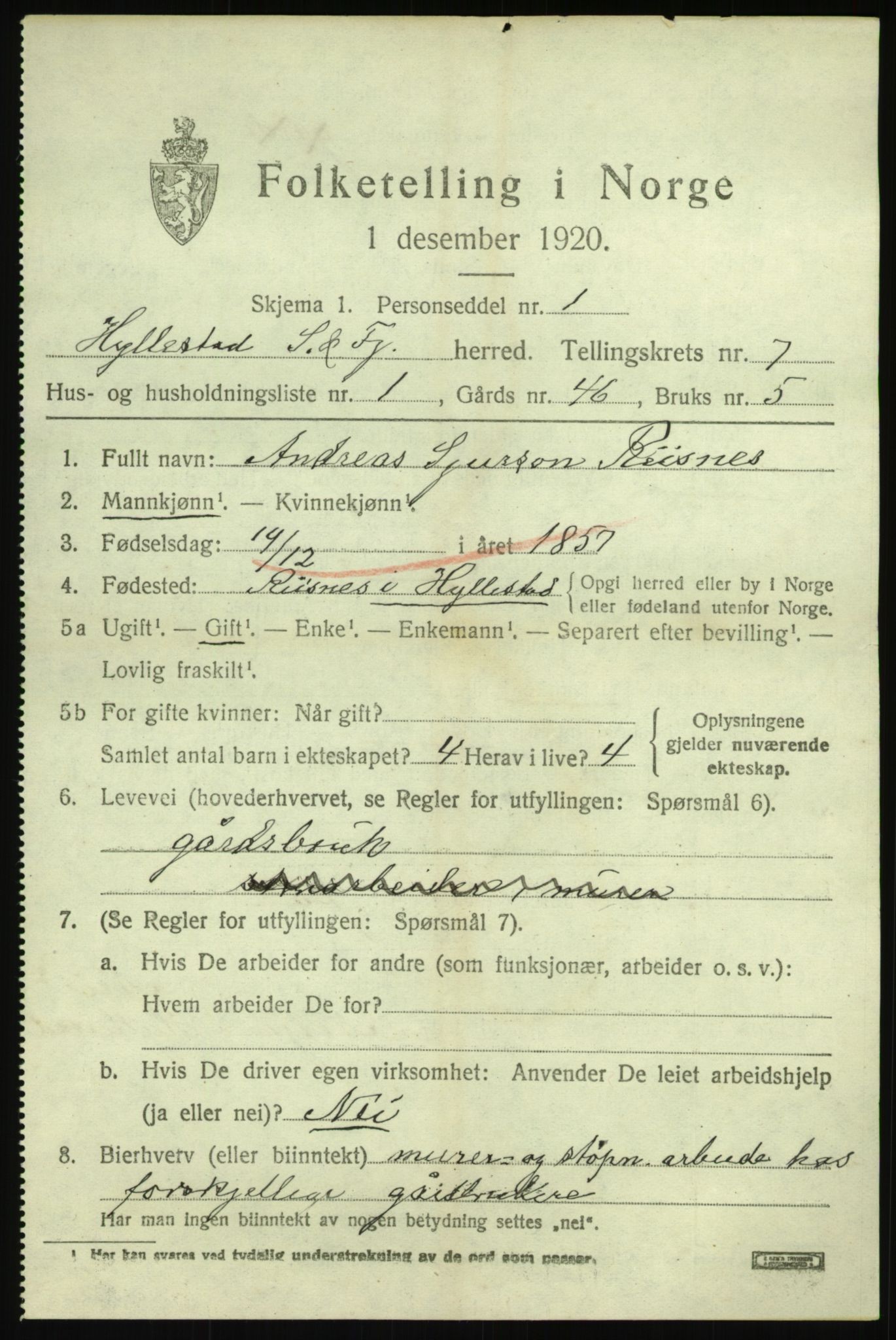 SAB, 1920 census for Hyllestad, 1920, p. 2808