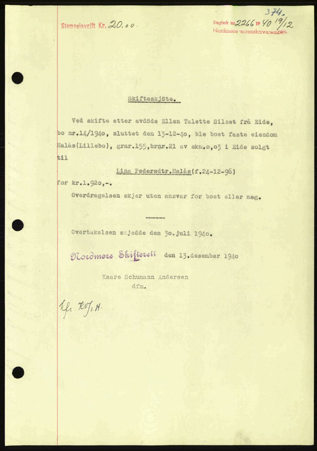 Nordmøre sorenskriveri, SAT/A-4132/1/2/2Ca: Mortgage book no. A89, 1940-1941, Diary no: : 2266/1940